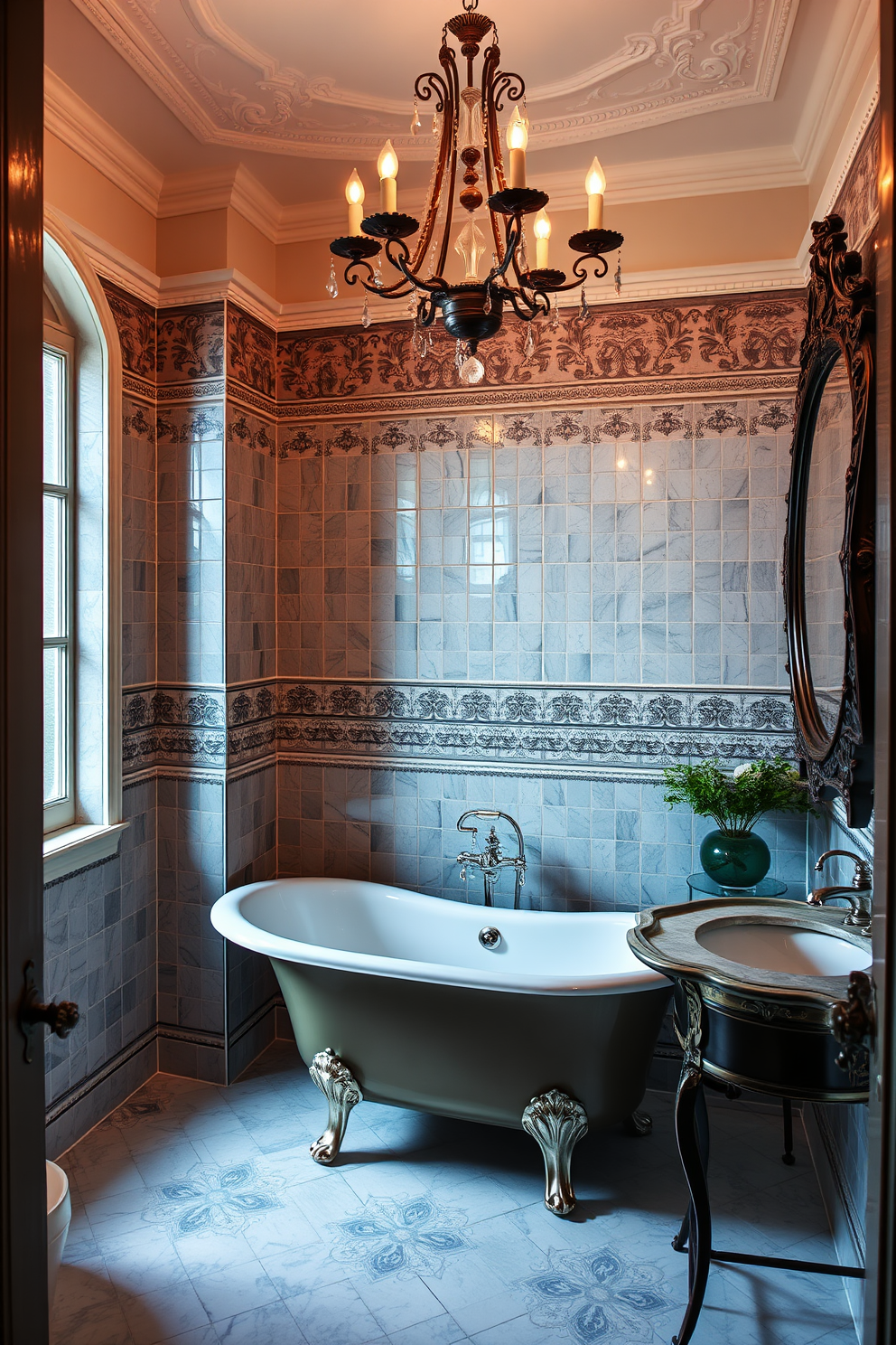 A luxe freestanding bathtub is elegantly positioned in the corner of a European-inspired powder room. The walls are adorned with intricate tile work, and a vintage chandelier hangs gracefully overhead, casting a warm glow throughout the space.