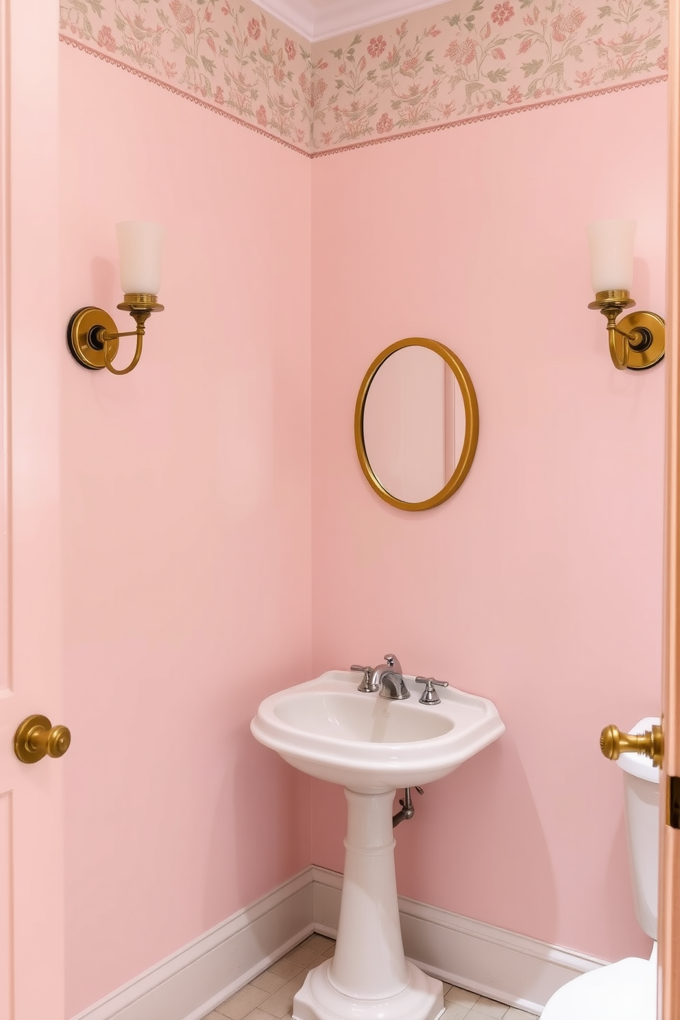 A serene powder room featuring soft pastel colors that create a calming atmosphere. The walls are painted in a gentle blush pink, complemented by a delicate floral wallpaper border near the ceiling. A vintage pedestal sink with a polished chrome faucet sits against the wall. Elegant sconces with frosted glass shades provide warm lighting, while a small round mirror with a gold frame hangs above the sink.