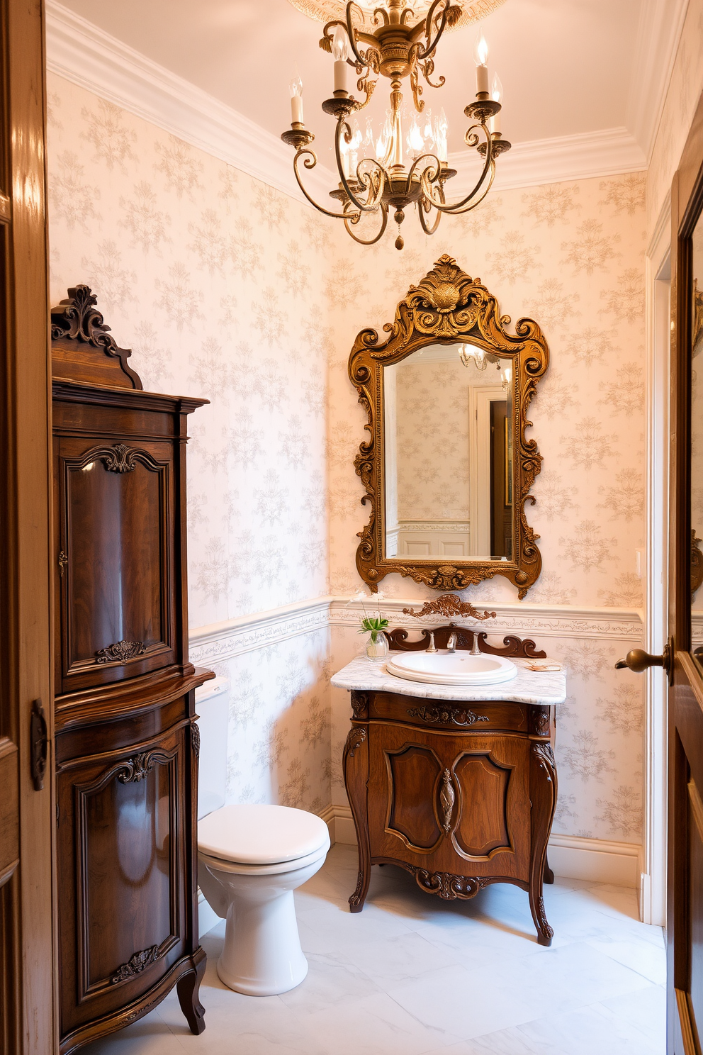 A charming European powder room adorned with antique furniture that exudes timeless elegance. The room features a vintage wooden washstand with an ornate basin and an antique mirror framed in intricate carvings. Soft pastel wallpaper with delicate floral patterns adds warmth to the space. A classic chandelier hangs from the ceiling, casting a gentle glow over the polished marble floor tiles.