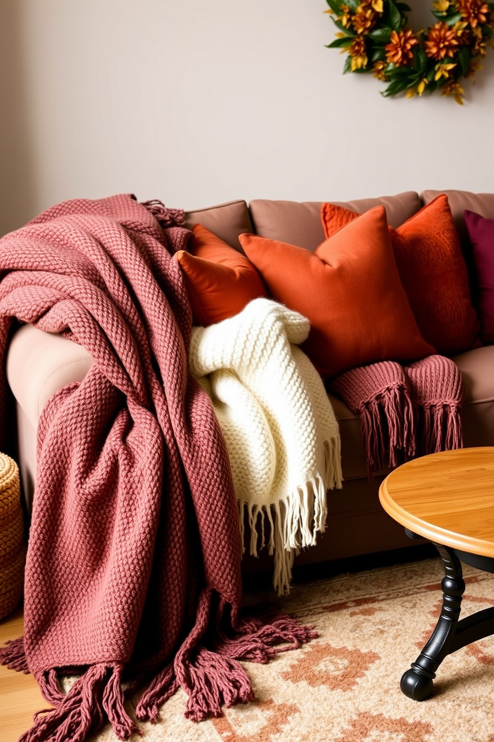 A cozy living room featuring a plush sofa adorned with soft throw blankets in warm, earthy tones. The space is enhanced by autumn-themed decorations, including pumpkins and golden leaves scattered on a rustic coffee table.