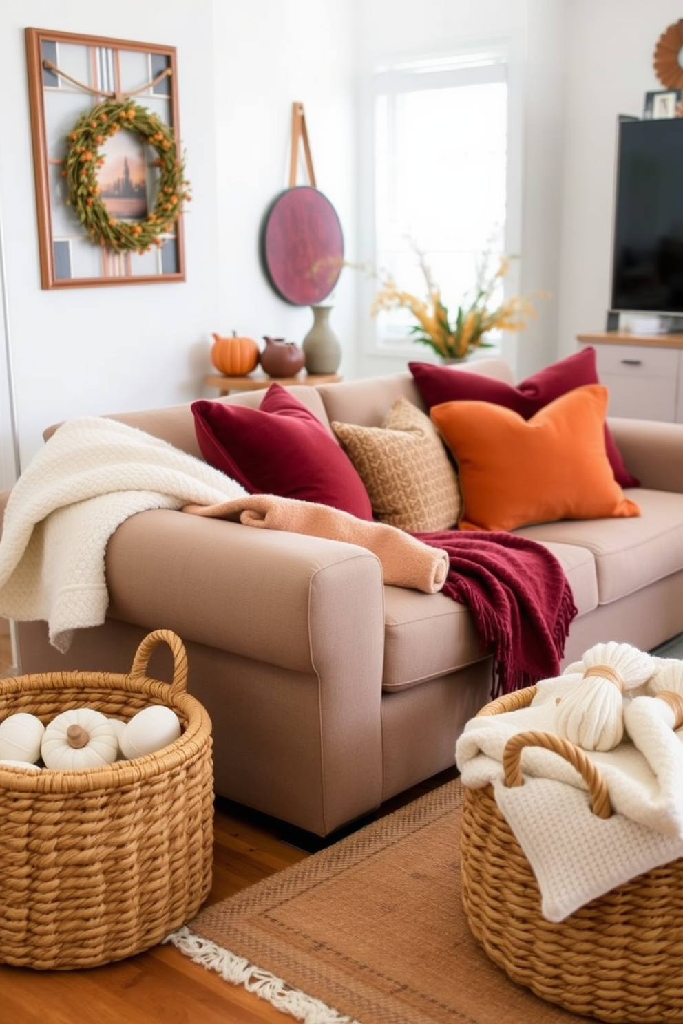 A cozy fall apartment setting that features decorative baskets for storage and style. The baskets are woven in natural fibers and are placed strategically around the living room, adding both functionality and warmth to the space. The apartment is adorned with autumn-themed decor, including rich orange and deep burgundy accents. Plush throw pillows and a soft blanket are draped over the sofa, creating an inviting atmosphere perfect for the season.