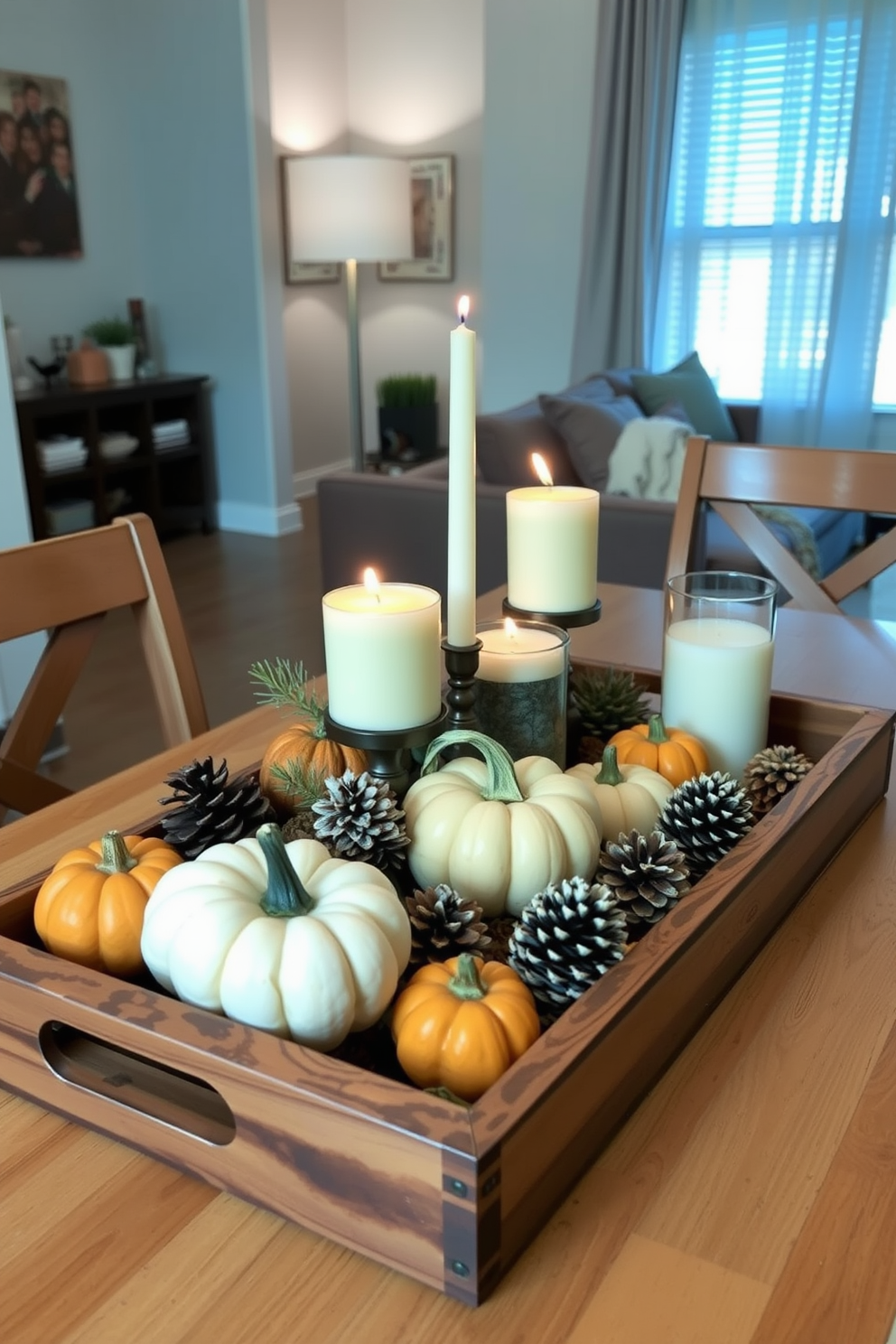 A cozy apartment living room adorned with decorative baskets filled with seasonal items. The baskets are woven in natural fibers and placed strategically around the room, adding warmth and texture to the space. Soft autumn colors are incorporated through throw pillows and blankets draped over the furniture. A small coffee table features a centerpiece of mini pumpkins and candles, enhancing the fall ambiance.