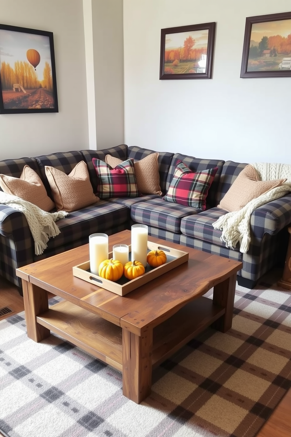 A cozy living room filled with warm ambiance. String lights are draped elegantly across the ceiling, casting a soft glow over a plush sofa adorned with colorful throw pillows. In one corner, a small wooden coffee table holds a stack of books and a steaming cup of tea. The walls are painted in a warm beige tone, creating an inviting atmosphere perfect for fall.