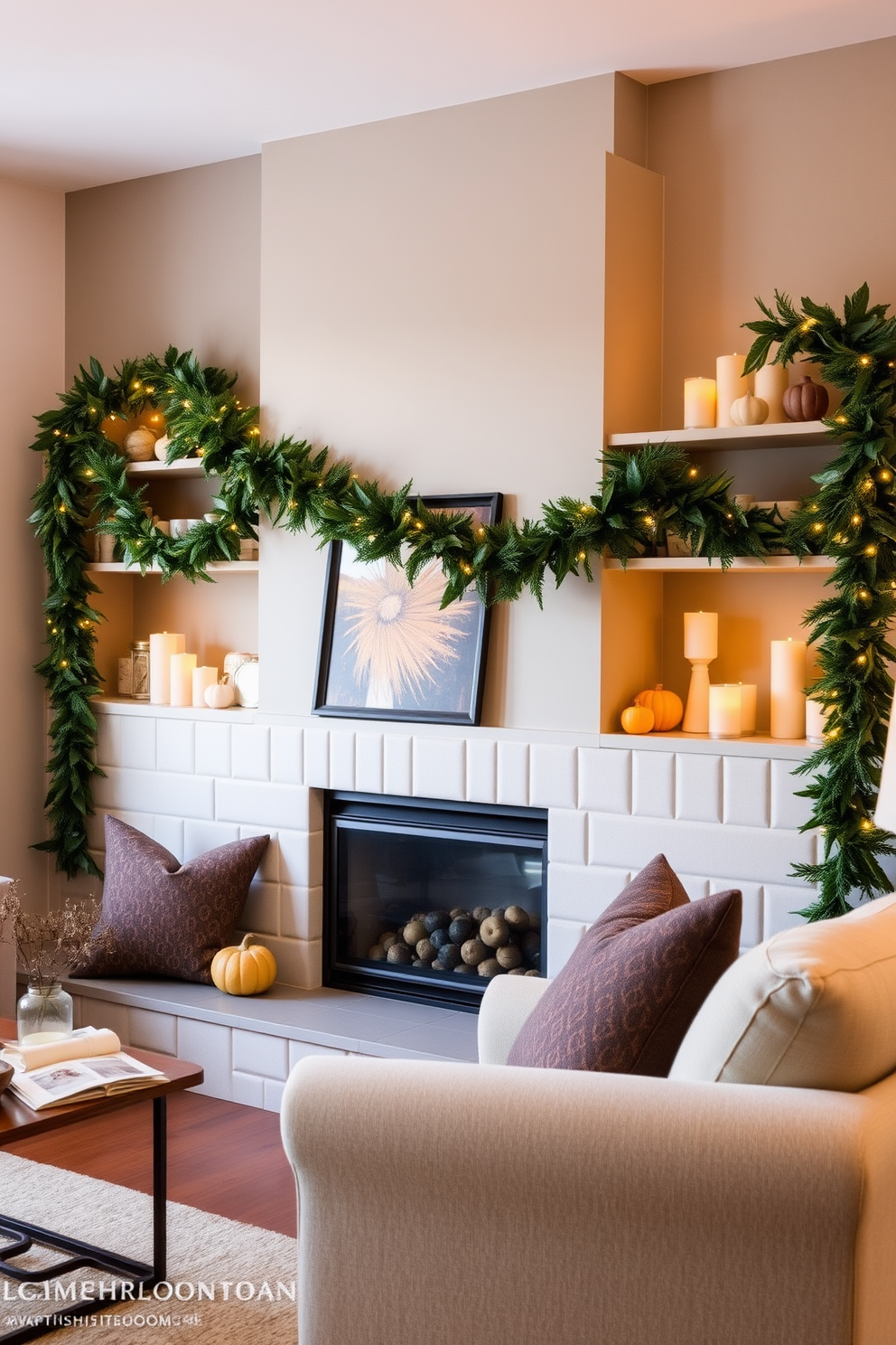 A cozy apartment living room adorned with a seasonal garland draped elegantly across open shelves. The shelves are filled with decorative pumpkins and warm-toned candles, creating a welcoming autumn atmosphere.