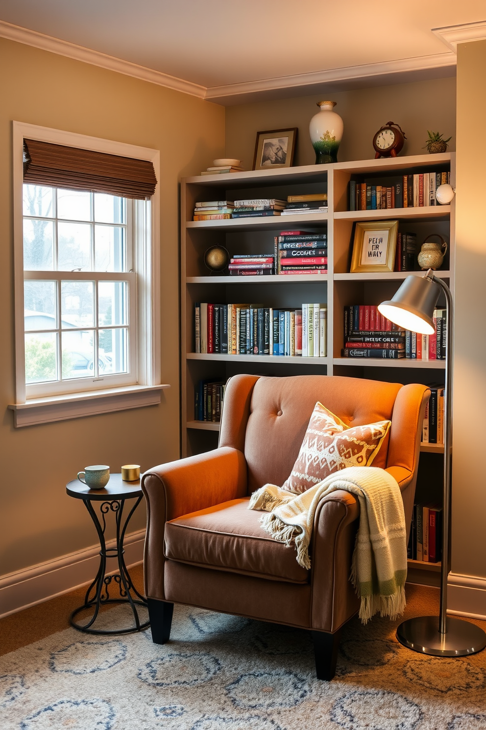 Create a cozy reading nook featuring a plush armchair with an oversized cushion. Surround the chair with a small side table and a warm floor lamp to create an inviting atmosphere. Incorporate a stylish bookshelf filled with an array of colorful books and decorative items. Add a soft throw blanket draped over the armchair for an extra touch of comfort.