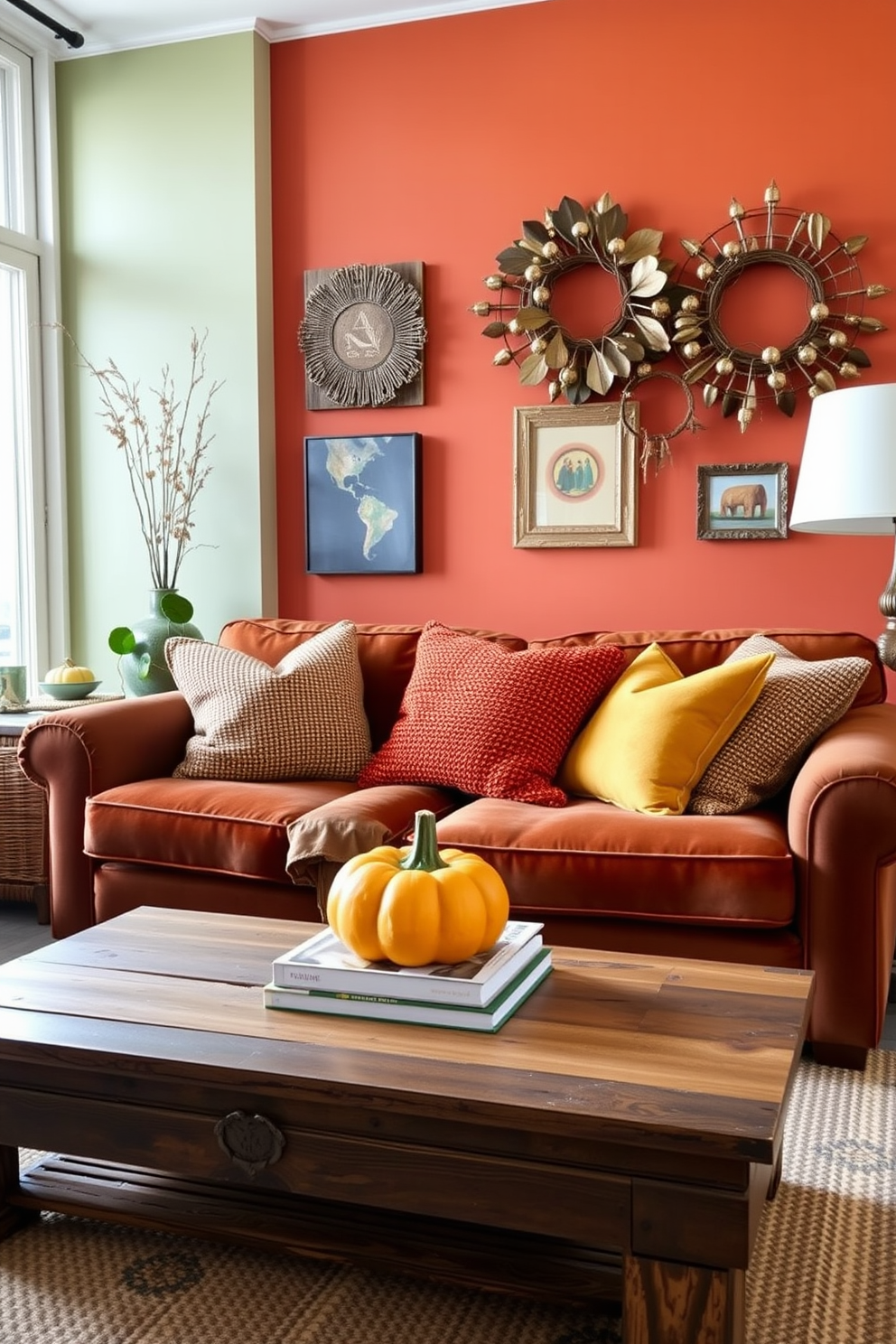 A cozy fall apartment setting with earthy tones for wall decor. The walls are adorned with warm terracotta and soft olive green hues, creating a welcoming atmosphere. A plush sofa in a rich brown fabric is complemented by a mix of textured throw pillows in burnt orange and mustard yellow. A rustic wooden coffee table sits in front, topped with a stack of books and a small pumpkin centerpiece.