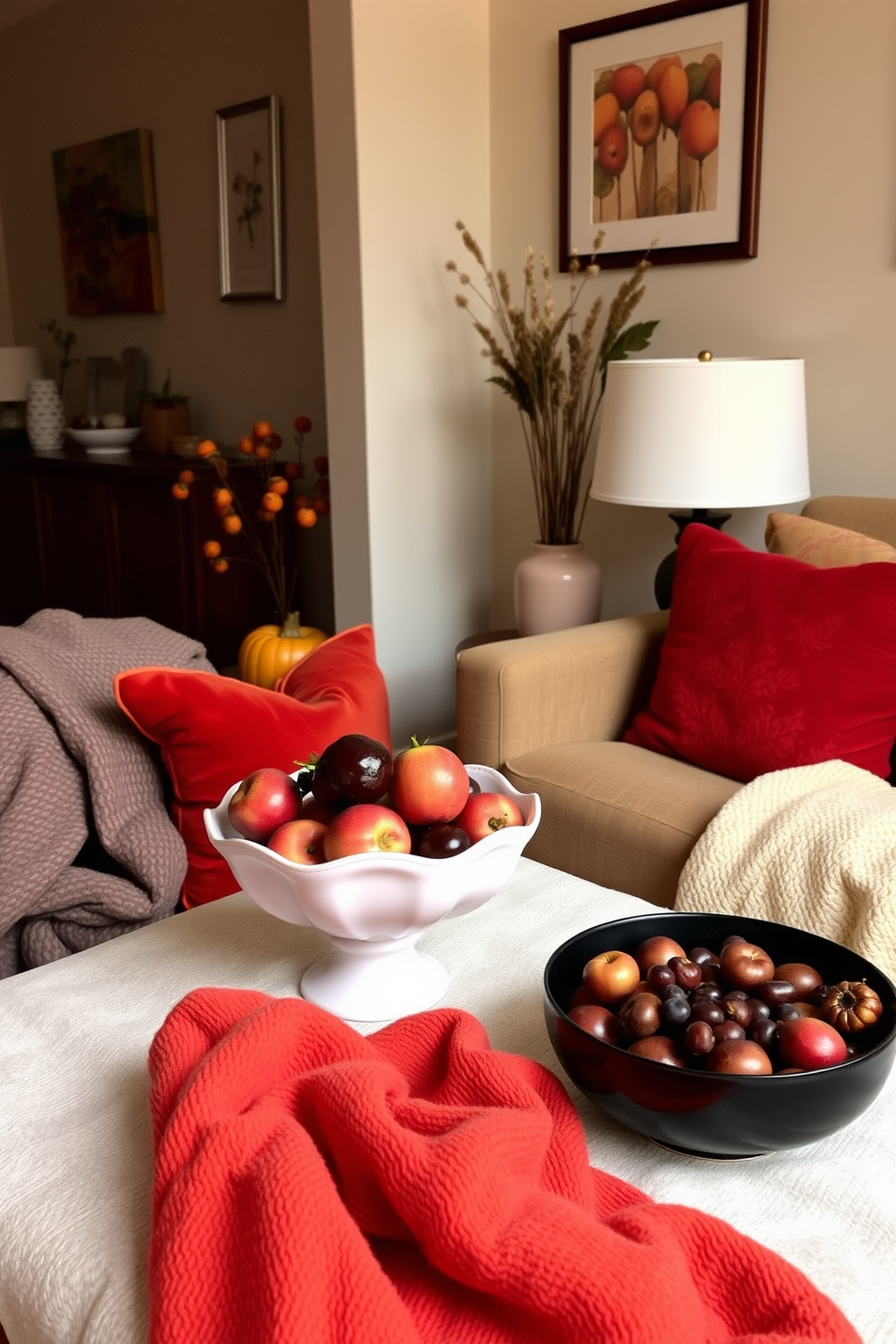 A warm and inviting dining table adorned with an assortment of colorful gourds in various shapes and sizes. Nestled among the gourds are elegant candles of different heights, casting a soft glow that enhances the cozy autumn atmosphere. The table is set against a backdrop of rich, earthy tones, with a stylish table runner that complements the seasonal decor. Plush chairs invite guests to sit and enjoy a meal surrounded by the beauty of fall.