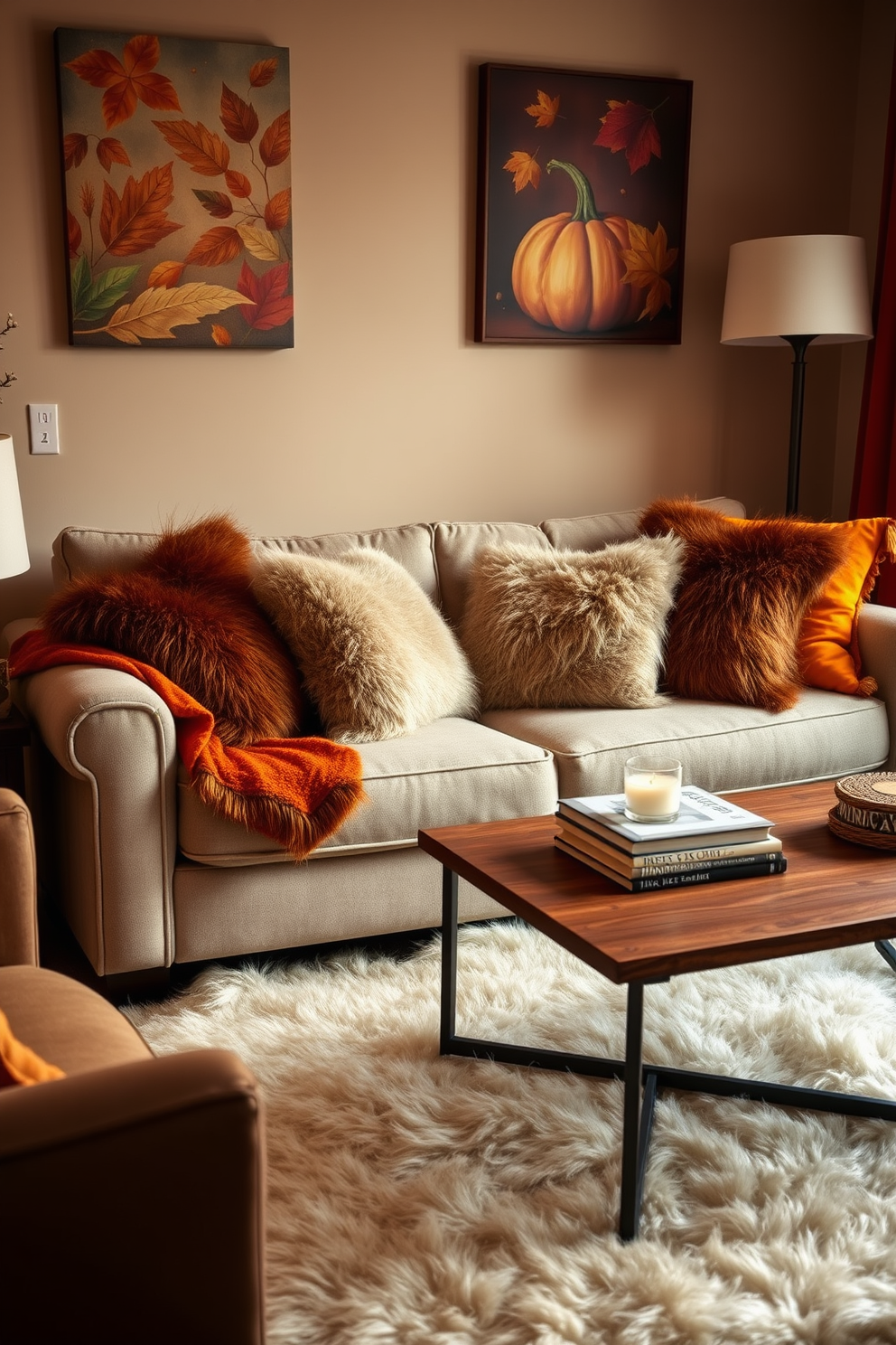 A cozy fall apartment setting with a plush sofa adorned with faux fur throw pillows. A warm color palette of deep oranges and earthy browns fills the space, complemented by a soft faux fur rug underfoot. The walls are decorated with seasonal artwork featuring autumn leaves and pumpkins. A wooden coffee table is topped with a stack of books and a fragrant candle, creating an inviting atmosphere.