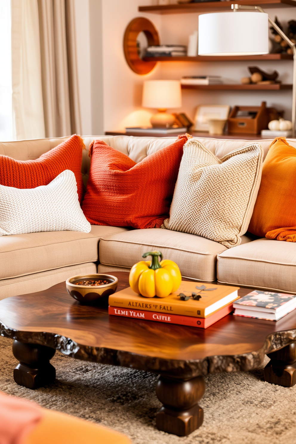 Warm colored pillows in shades of orange and mustard are arranged on a plush beige sofa, creating an inviting atmosphere. The pillows feature various textures, including knit and velvet, adding depth to the cozy fall-themed decor. A rustic wooden coffee table sits in front of the sofa, adorned with a small pumpkin centerpiece and a stack of seasonal books. Soft, ambient lighting from a nearby lamp enhances the warm tones, making the apartment feel like a perfect autumn retreat.