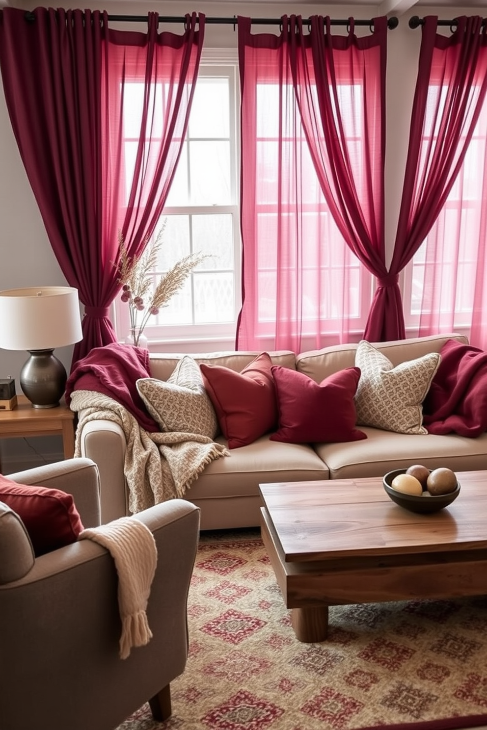 A cozy fall apartment setting adorned with heavier curtains in rich burgundy to create warmth and intimacy. The room features a plush sofa layered with soft throw blankets and decorative pillows in earthy tones, complemented by a rustic wooden coffee table.