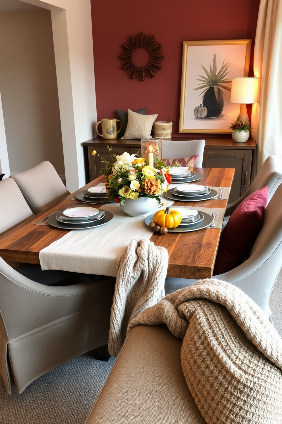 A cozy dining table setting features a rustic wooden table surrounded by plush upholstered chairs. The table is adorned with a soft linen tablecloth, a centerpiece of seasonal flowers, and warm candlelight creating an inviting atmosphere. Fall apartment decorating ideas include rich earth tones and textured fabrics to evoke warmth. Add decorative throw pillows, a chunky knit blanket, and autumn-inspired decor like mini pumpkins and acorns to enhance the seasonal charm.