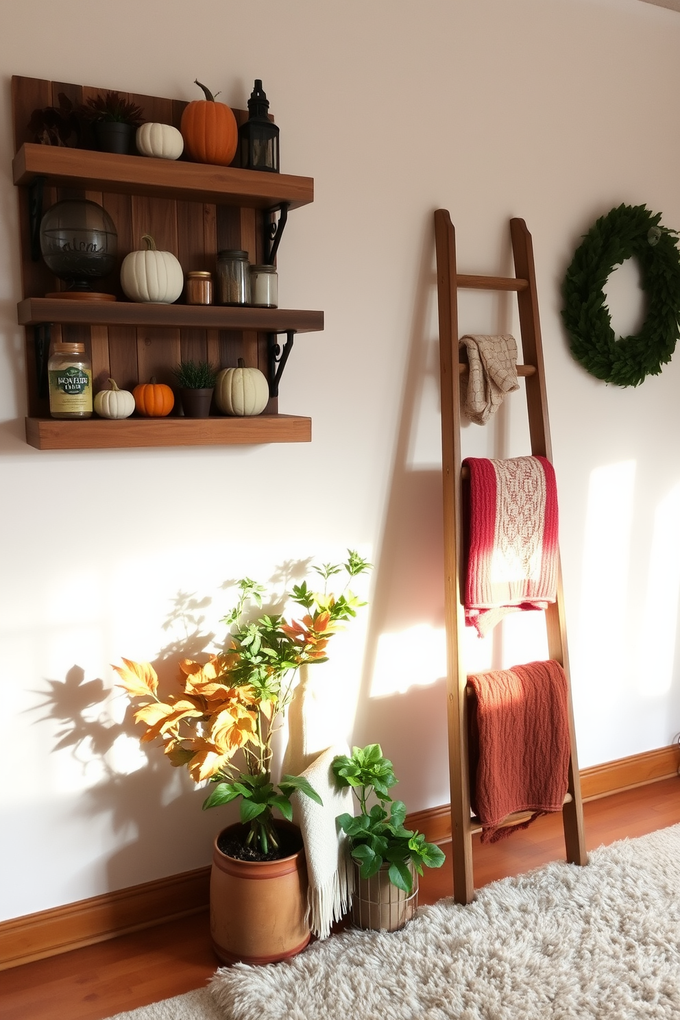 A vintage wooden ladder leans against the wall, adorned with cozy blankets and a collection of potted plants. Soft, warm lighting casts a gentle glow over the scene, enhancing the autumnal colors of the decor. Rustic shelves made from reclaimed wood are mounted above the ladder, showcasing seasonal decorations like pumpkins and candles. The floor is covered with a plush area rug, adding warmth and comfort to the fall-inspired space.