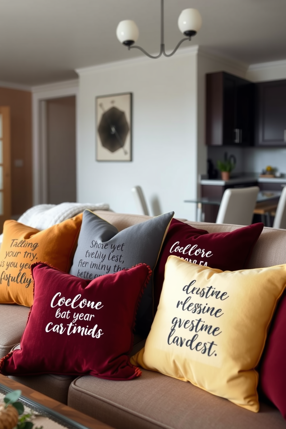 Seasonal throw pillows featuring inspiring quotes are arranged on a cozy sofa in a chic apartment living room. The pillows are in warm autumn colors like burnt orange, mustard yellow, and deep burgundy, creating a welcoming atmosphere perfect for fall.