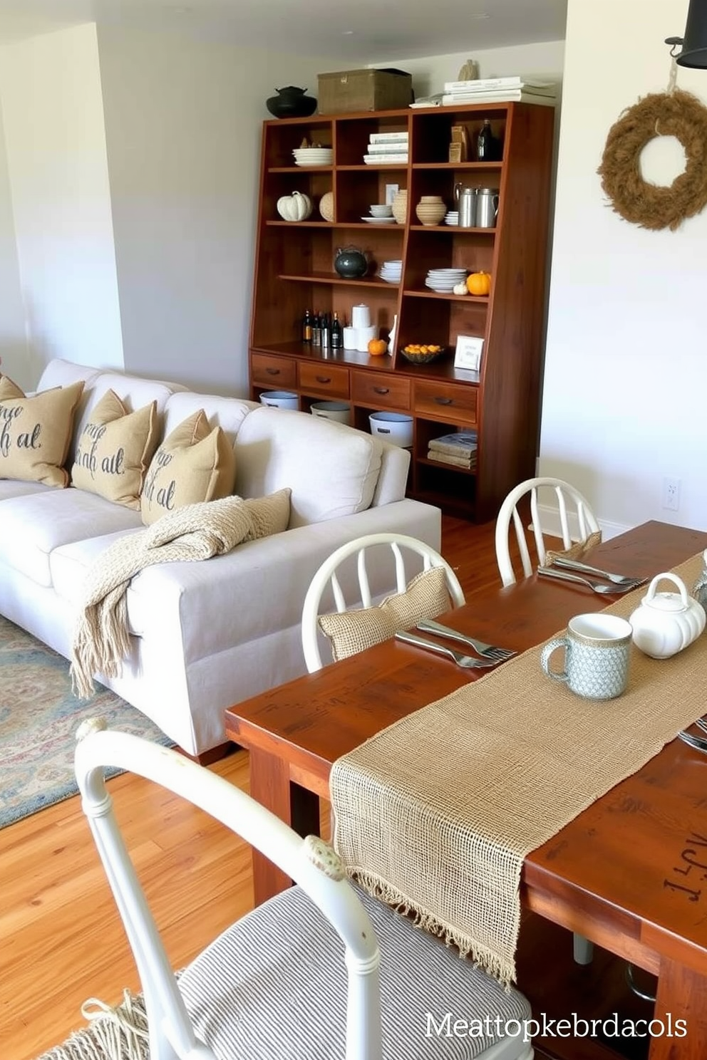 A cozy fall apartment setting featuring burlap accents throughout the decor. The living room showcases burlap throw pillows on a plush sofa, complemented by a warm, knitted blanket draped over the armrest. In the dining area, a burlap table runner adds rustic charm to a wooden table set for a seasonal feast. Surrounding the table are mismatched chairs adorned with burlap seat cushions, creating an inviting atmosphere for gatherings.