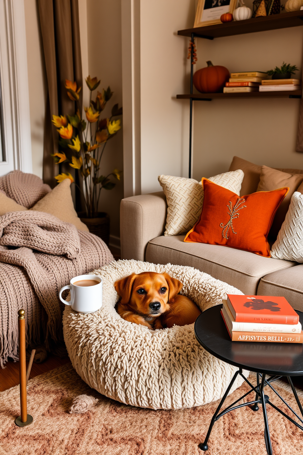 A cozy fall apartment setting featuring a beautifully styled fireplace mantel. The mantel is adorned with an array of autumn decorations including small pumpkins, candles in varying heights, and a garland of dried leaves. The surrounding walls are painted in warm beige tones, creating a welcoming atmosphere. Plush throw pillows in rich oranges and browns are scattered on a soft, textured sofa nearby, inviting relaxation.