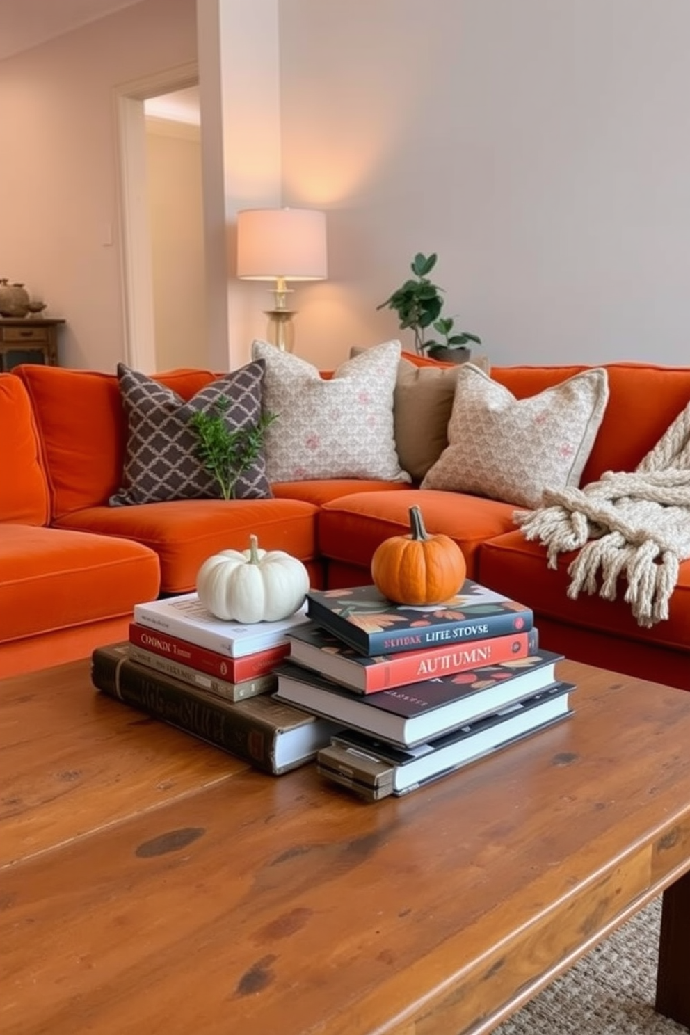 A cozy fall-themed apartment living room filled with warm hues. A plush orange sofa is adorned with patterned throw pillows and a chunky knit blanket draped over the armrest. A rustic wooden coffee table sits in the center, topped with a stack of autumn-themed books and a decorative pumpkin. In the corner, a small indoor plant adds a touch of freshness, complementing the seasonal decor.