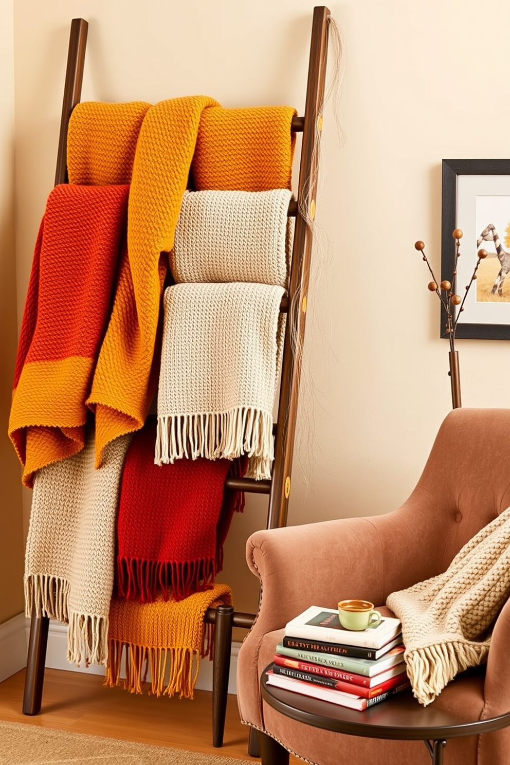 A cozy fall apartment setting featuring a decorative blanket ladder leaning against a soft beige wall. The ladder is adorned with an array of textured blankets in warm autumn colors like burnt orange, mustard yellow, and deep red. Next to the ladder, a plush armchair invites relaxation, draped with a knitted throw. A small side table holds a steaming mug of cider and a stack of seasonal books, completing the inviting atmosphere.