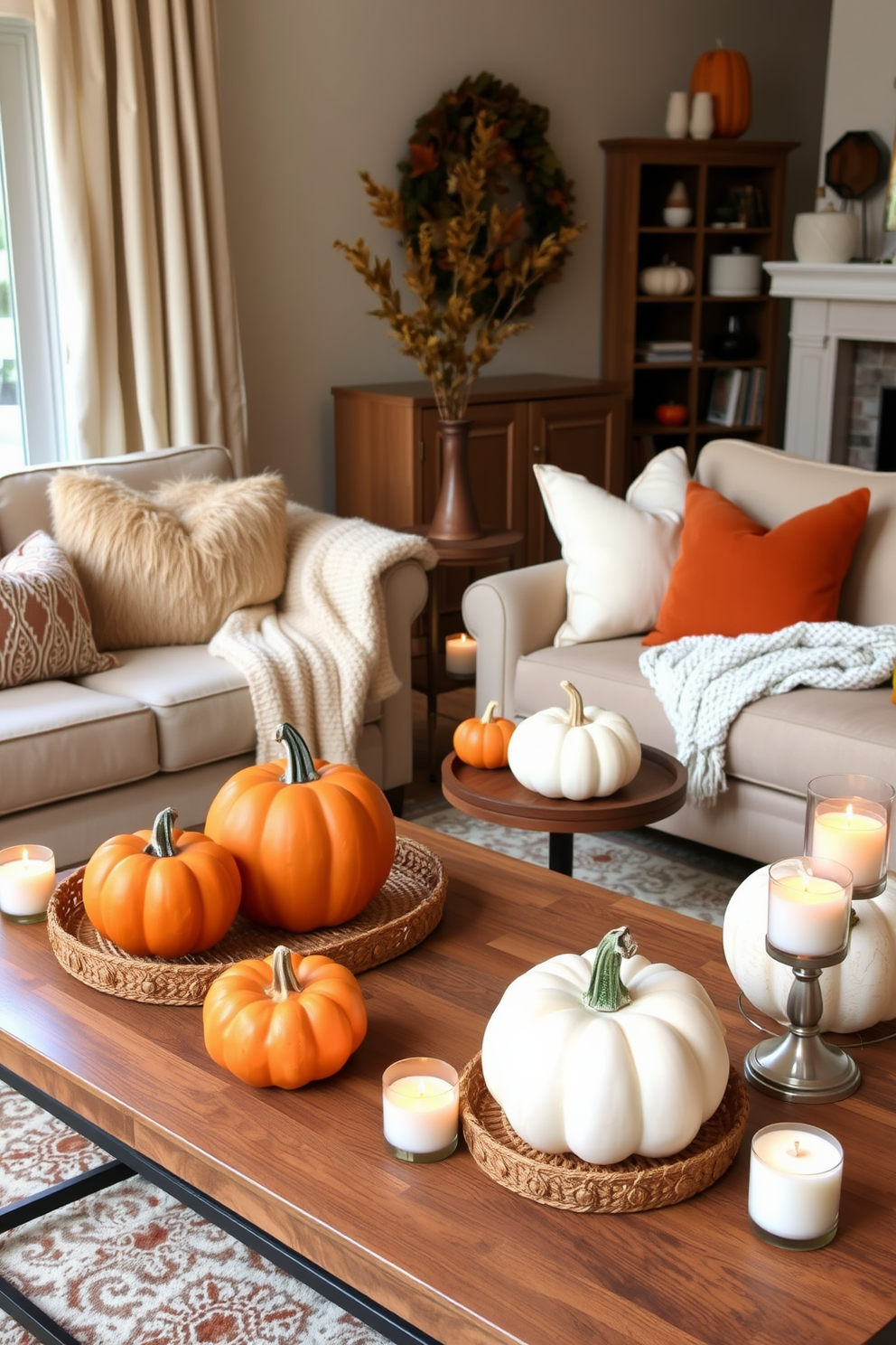 A cozy living room setting adorned with pumpkin accents on a sleek coffee table. The table features a rustic wooden finish and is surrounded by plush, neutral-colored sofas, creating a warm atmosphere. Scattered around the room are soft throw blankets and decorative pillows in autumn hues. A few small pumpkins of varying sizes are artfully placed on the coffee table, enhancing the fall-inspired decor.