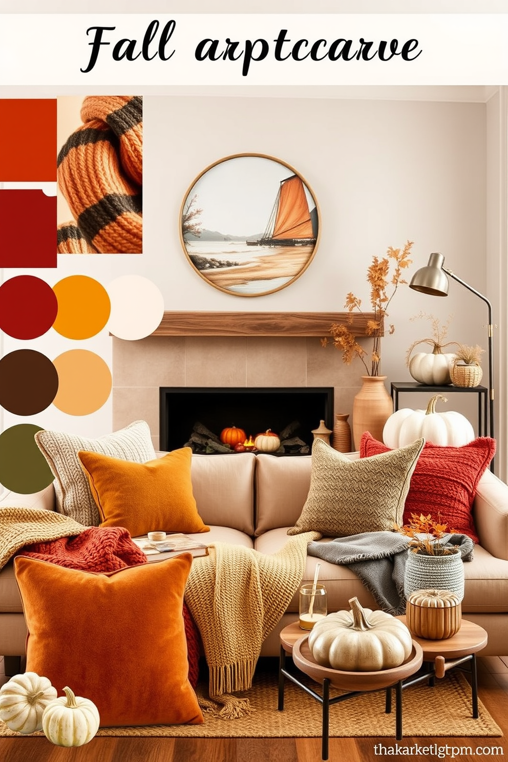 Create a mood board featuring rich fall colors such as deep oranges, burgundies, and mustard yellows. Include textures like cozy knits, warm woods, and metallic accents to evoke a sense of warmth and comfort. Incorporate elements like plush throw pillows, layered blankets, and seasonal decor such as pumpkins and autumn leaves. Showcase a blend of modern and rustic styles to create an inviting and stylish fall apartment atmosphere.