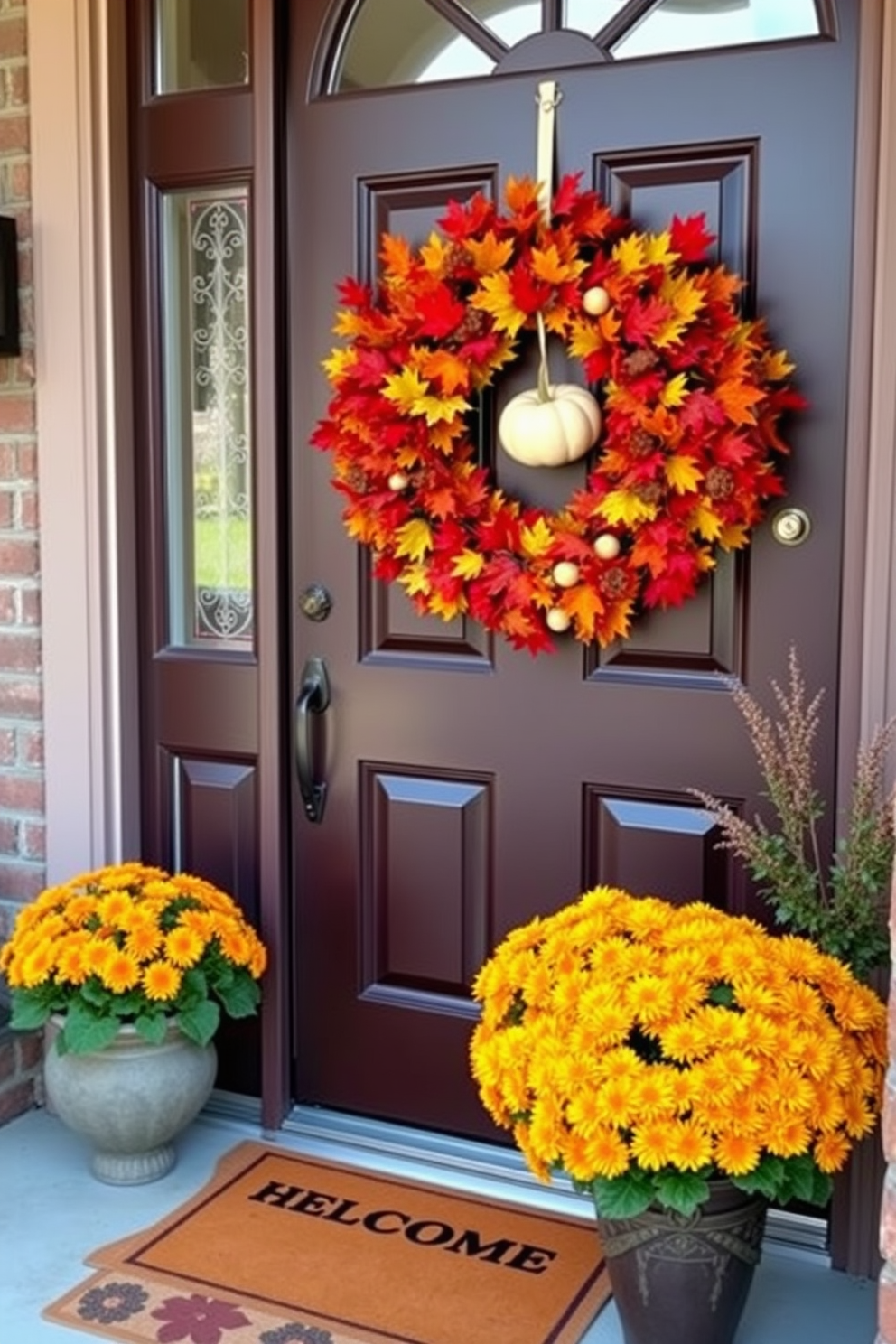 A charming apartment entrance adorned with autumn wreaths on the front doors. Each wreath is a vibrant mix of orange, yellow, and red leaves, creating a warm and inviting atmosphere. Inside, the living room features a cozy arrangement of plush sofas in earthy tones. Decorative throw pillows and a soft knit blanket add to the seasonal charm, while a wooden coffee table holds a centerpiece of mini pumpkins and candles.