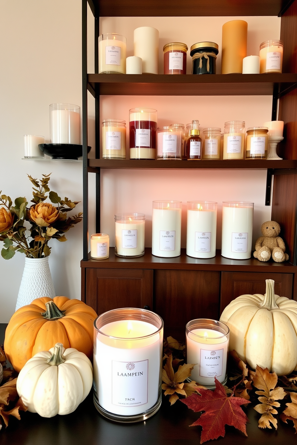 Candles with warm fall scents are strategically placed throughout the apartment, creating a cozy and inviting atmosphere. Soft amber and pumpkin spice fragrances fill the air, enhancing the seasonal decor and inviting relaxation. Decorative elements like plush throw blankets and autumn-themed cushions complement the candles, adding layers of texture to the space. The living area features a rustic coffee table adorned with a centerpiece of candles nestled among colorful leaves and small pumpkins.