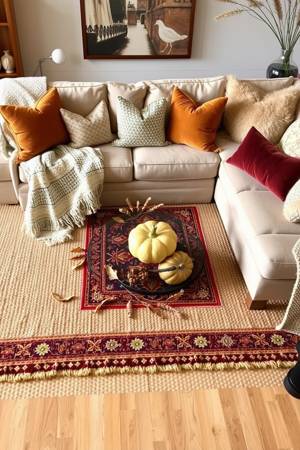 Layered rugs in rich textures and warm colors create a cozy atmosphere in the living room. A large jute rug serves as the base, topped with a smaller patterned Persian rug to add depth and interest. Incorporate seasonal elements such as pumpkins and autumn leaves to enhance the fall theme. Soft throw blankets and decorative pillows in earthy tones complete the inviting look of the apartment.