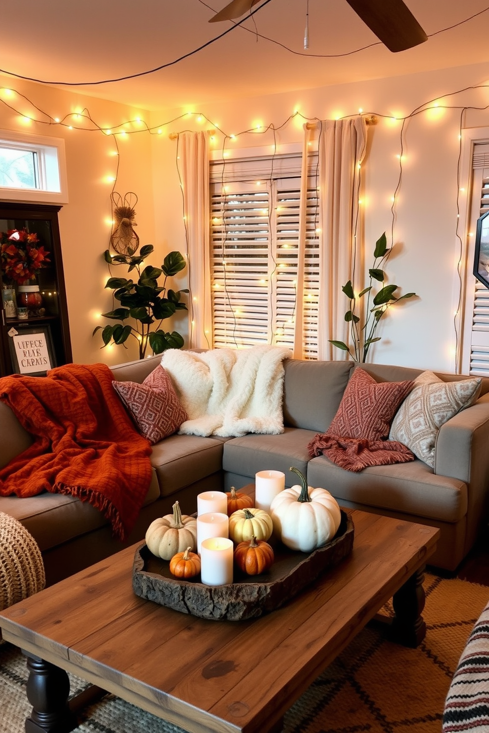 A cozy fall apartment decorated with string lights creating a warm glow throughout the space. Plush throw blankets in autumn colors are draped over a stylish sofa, while a rustic wooden coffee table holds a centerpiece of seasonal gourds and candles.