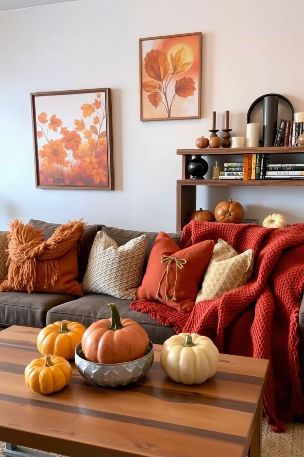 Fall-themed artwork adorns the walls, featuring warm hues of orange, red, and gold that evoke the essence of autumn. Cozy accents like plush throw pillows and a knitted blanket in earthy tones enhance the inviting atmosphere of the space. The apartment is decorated with seasonal elements such as small pumpkins and gourds placed on the coffee table. A rustic wooden shelf displays a collection of autumn-themed books and candles, creating a warm and welcoming ambiance.