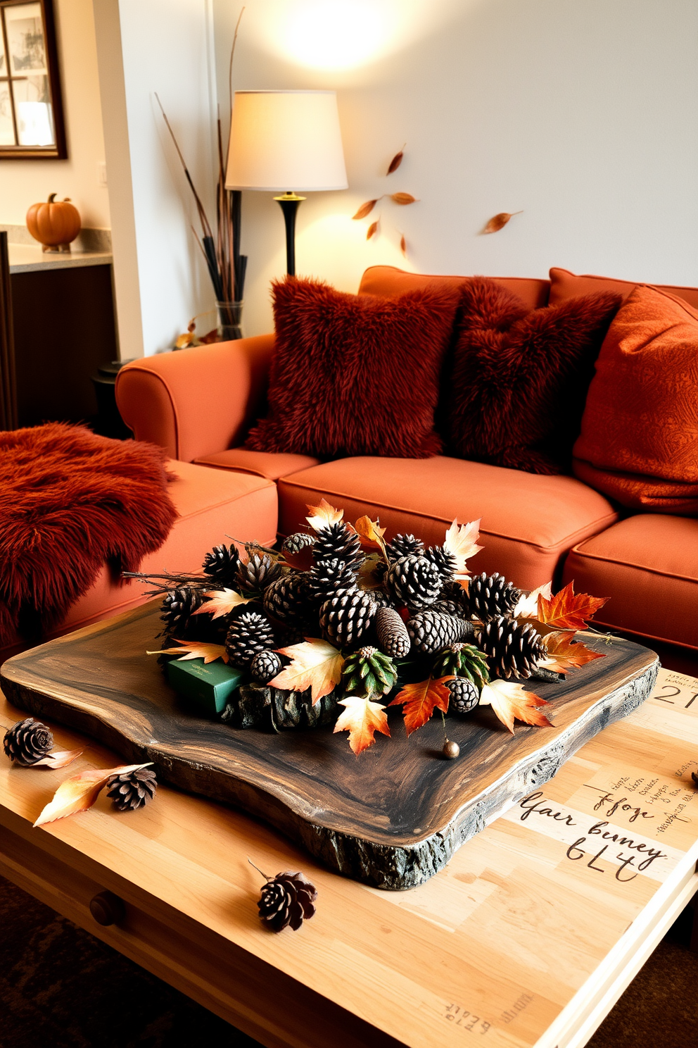 A cozy fall apartment featuring plaid patterns in decor. The living room showcases a plaid sofa adorned with warm-toned throw pillows, complemented by a rustic wooden coffee table. In the dining area, a plaid tablecloth drapes over a round table set with autumn-inspired centerpieces. The walls are painted in a soft beige, enhancing the warmth of the plaid accents throughout the space.