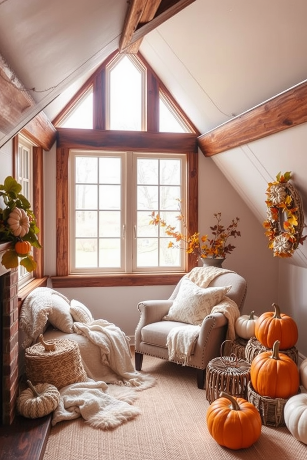 Cozy reading nook with soft blankets. A plush armchair is nestled in the corner, surrounded by large windows that let in natural light. Fall attic decorating ideas. The space features warm tones with rustic wooden beams, adorned with pumpkins and autumn leaves for a seasonal touch.