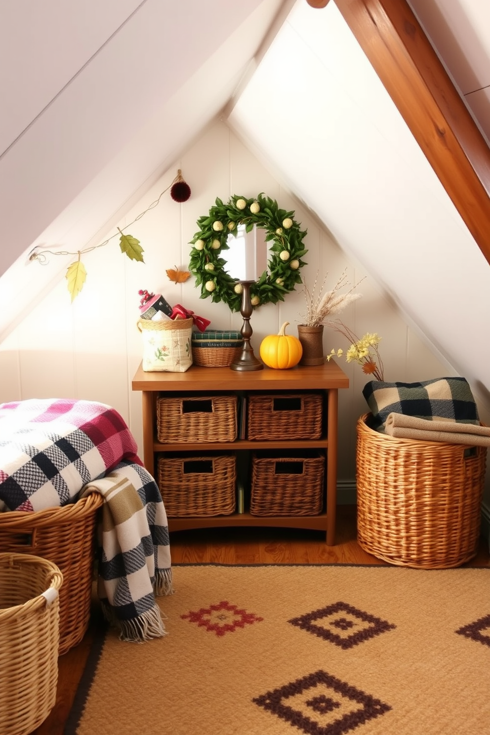 Create a cozy attic space decorated for fall. Incorporate woven baskets for organizing blankets, placed strategically around the room to enhance both functionality and style.