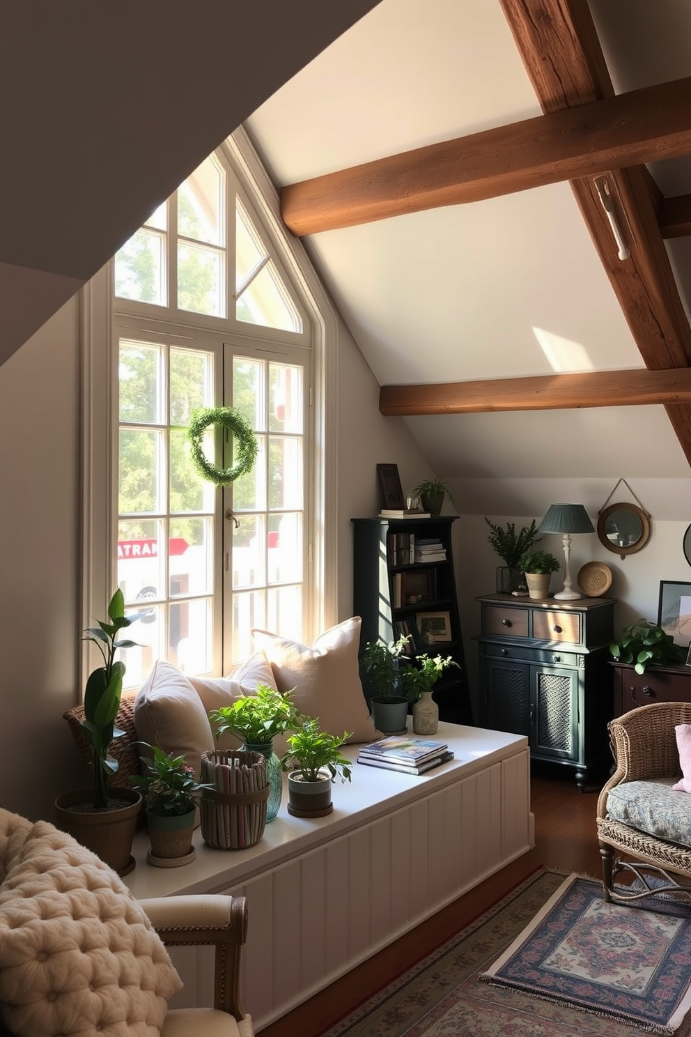 A cozy small desk for writing or crafting is positioned in a charming attic space. The desk features a rustic wooden surface with vintage brass handles and is adorned with a soft, warm lamp for illumination. Surrounding the desk are autumn-themed decorations that evoke the spirit of fall. Colorful leaves, small pumpkins, and cozy blankets are thoughtfully arranged to create an inviting atmosphere.