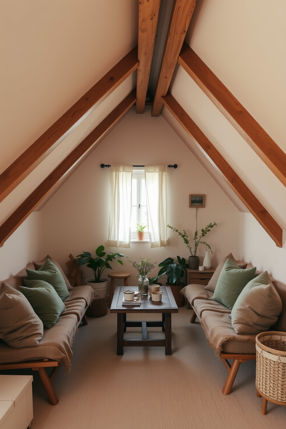 A serene attic space designed with earthy tones featuring soft beige walls and warm wooden beams. Cozy seating is arranged with plush cushions in muted greens and browns, creating a tranquil retreat. Natural light filters in through a small window adorned with sheer linen curtains. A rustic wooden table is placed in the center, surrounded by potted plants and decorative accents that enhance the calming atmosphere.