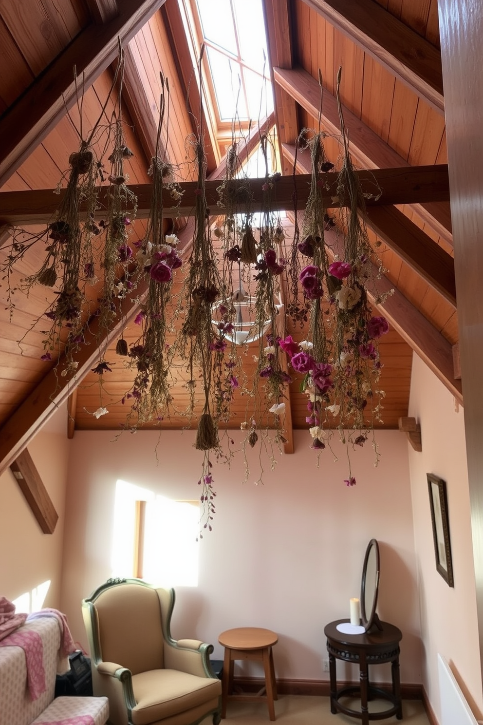 A cozy attic space adorned with hanging dried flowers creates a rustic charm. The wooden beams are exposed, and the walls are painted in a soft, warm hue, enhancing the inviting atmosphere. A comfortable seating area features a vintage armchair and a small wooden side table. Natural light filters through a skylight, illuminating the space and highlighting the beauty of the dried floral arrangements.