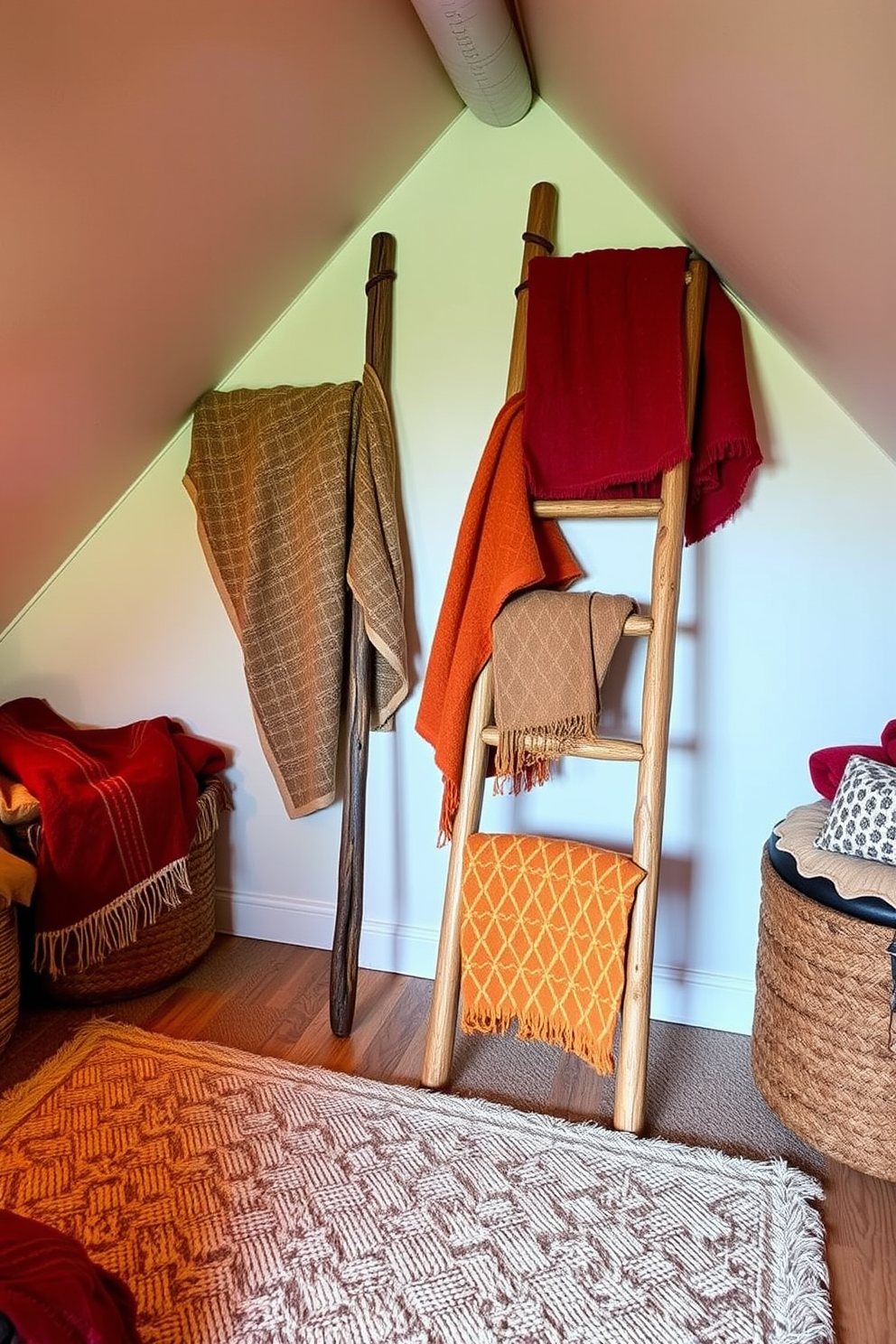 A cozy attic space adorned with a decorative wooden ladder leaning against the wall, showcasing an array of colorful throws in rich autumn hues. The floor is covered with a soft, textured rug, and warm ambient lighting creates an inviting atmosphere for relaxation.