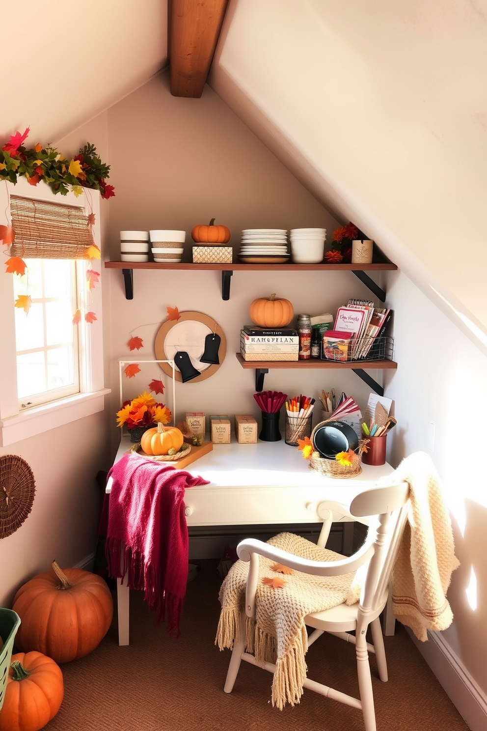 A cozy attic space transformed into a seasonal crafting area. The small desk is adorned with colorful autumn decorations, including pumpkins and leaves, while a warm throw blanket is draped over the chair. Natural light filters in through a nearby window, illuminating the space and creating a cheerful atmosphere. Shelves filled with crafting supplies and seasonal decor line the walls, enhancing the festive feel of the room.