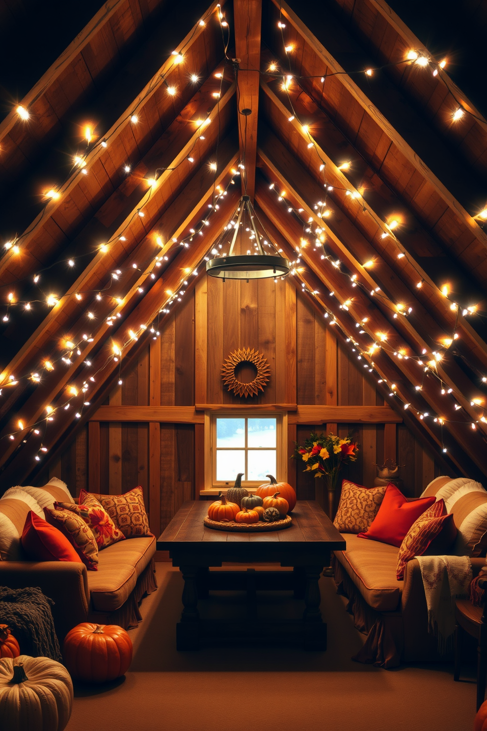 A warm and inviting attic space adorned with fairy lights strung across the exposed wooden beams. The soft glow from the lights creates a cozy atmosphere, complemented by plush seating and colorful throw pillows. Incorporate seasonal decor elements like pumpkins and autumn leaves to enhance the fall theme. A rustic wooden table can serve as a centerpiece, surrounded by comfortable chairs for gatherings.