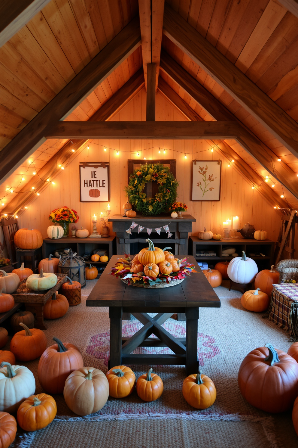 A cozy attic space adorned with charming pumpkin decor for seasonal flair. The room features warm wood beams, soft lighting, and an assortment of pumpkins in various sizes and colors scattered throughout. A rustic table in the center holds a centerpiece of mini pumpkins surrounded by autumn leaves. The walls are decorated with string lights and handmade fall-themed art, creating a welcoming atmosphere.