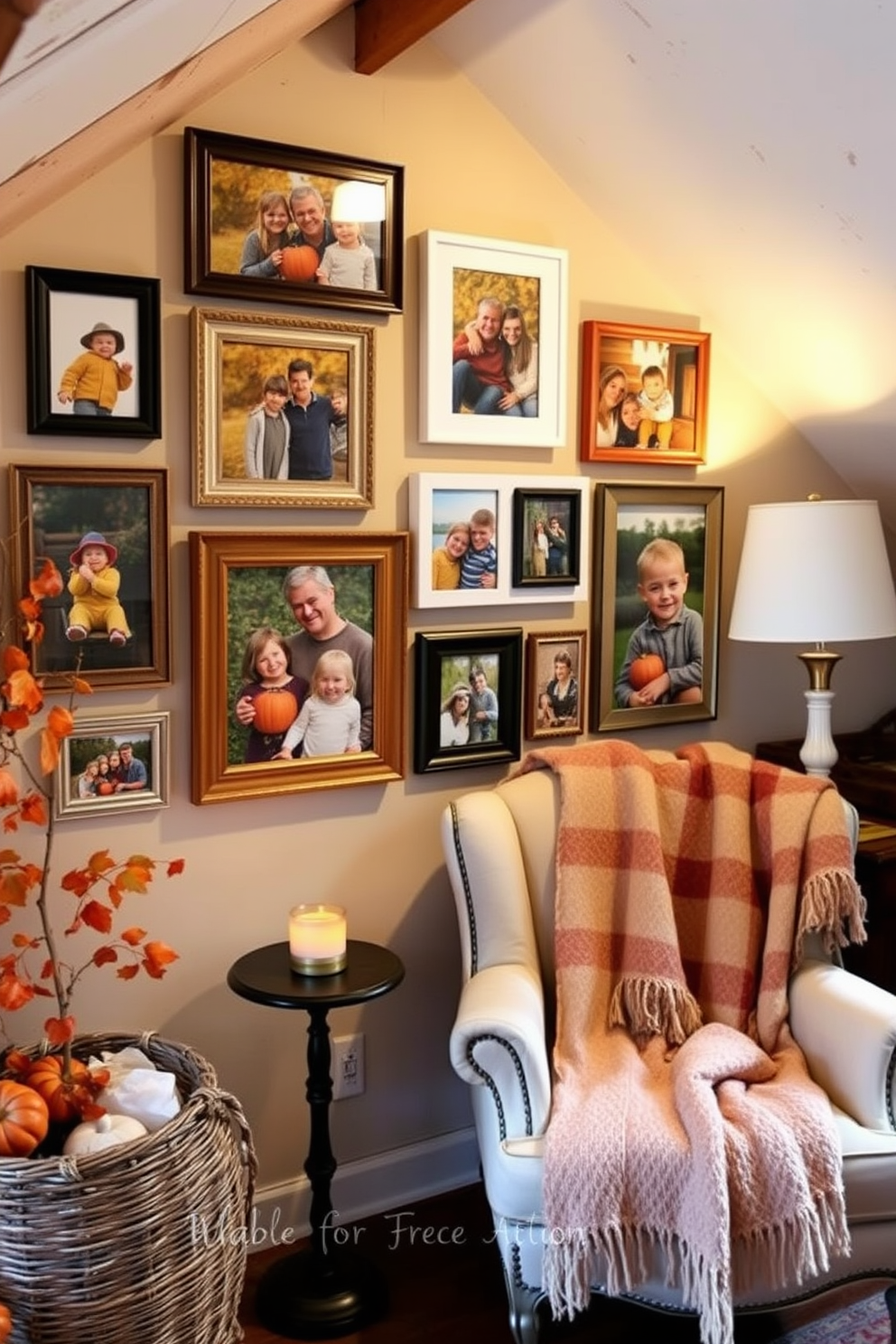 A gallery wall displays a collection of family autumn photos, capturing the warmth and beauty of the season. The frames are arranged in a casual yet cohesive manner, with a mix of colors and styles that complement the rustic charm of the attic. The attic is decorated with cozy accents, including a plush throw blanket draped over a vintage armchair. Soft lighting from a nearby lamp creates an inviting atmosphere, enhancing the seasonal decor with touches of orange and gold.