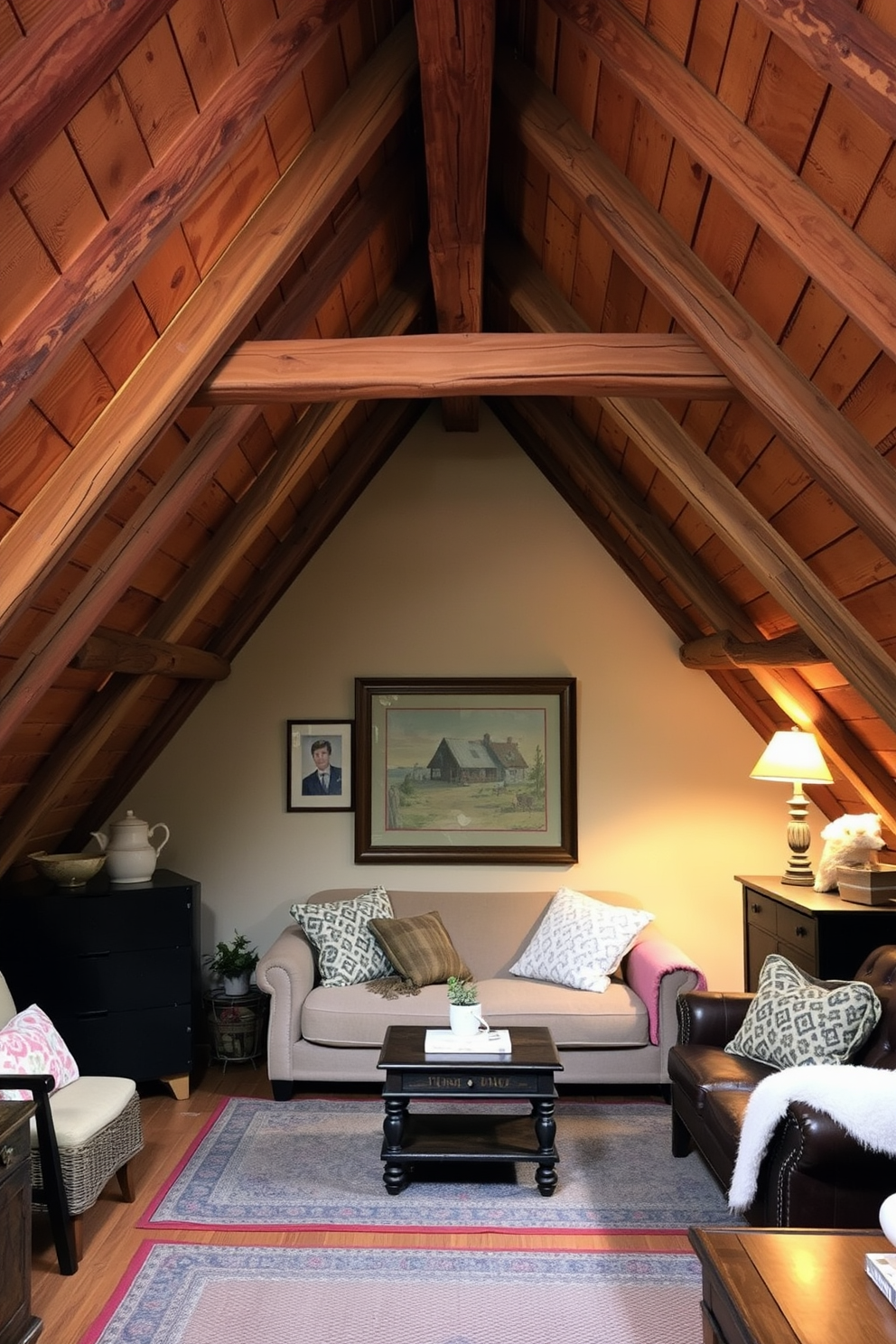 Rustic wooden shelves are mounted on the sloped walls of a cozy attic space. The shelves are filled with an eclectic mix of books, plants, and decorative items that add warmth and character to the room. Soft, ambient lighting from vintage-style pendant lights creates a welcoming atmosphere. A plush area rug lies on the wooden floor, complementing the rustic charm of the decor.