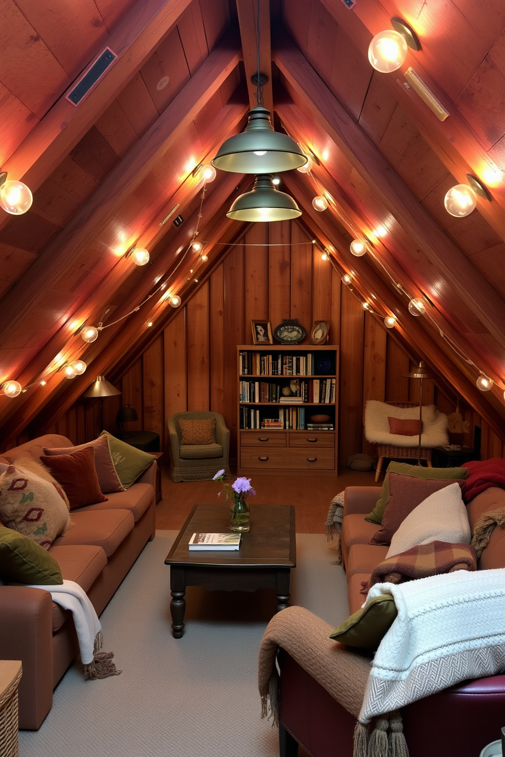 A cozy attic space filled with soft lighting fixtures that create a warm glow throughout the room. The walls are adorned with rustic wood paneling, and plush seating is arranged around a vintage coffee table. Decorative elements include a mix of throw pillows and blankets in earthy tones. A small bookshelf is tucked into a corner, showcasing an assortment of books and personal mementos.