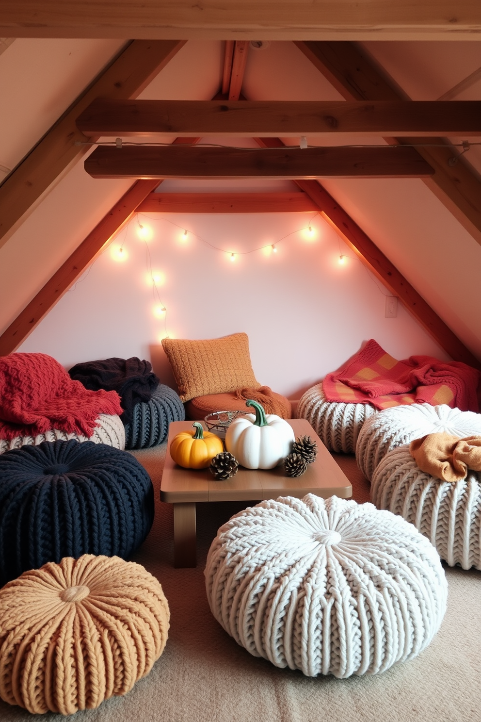 A cozy attic space with sloped ceilings and wooden beams. Several knitted poufs in varying sizes and colors are arranged around a low coffee table, providing extra seating options for relaxation. Autumn-inspired decor fills the attic, with warm-toned throw blankets draped over the poufs. Pumpkins and pinecones are artfully placed on the table, complemented by string lights that create a warm ambiance.