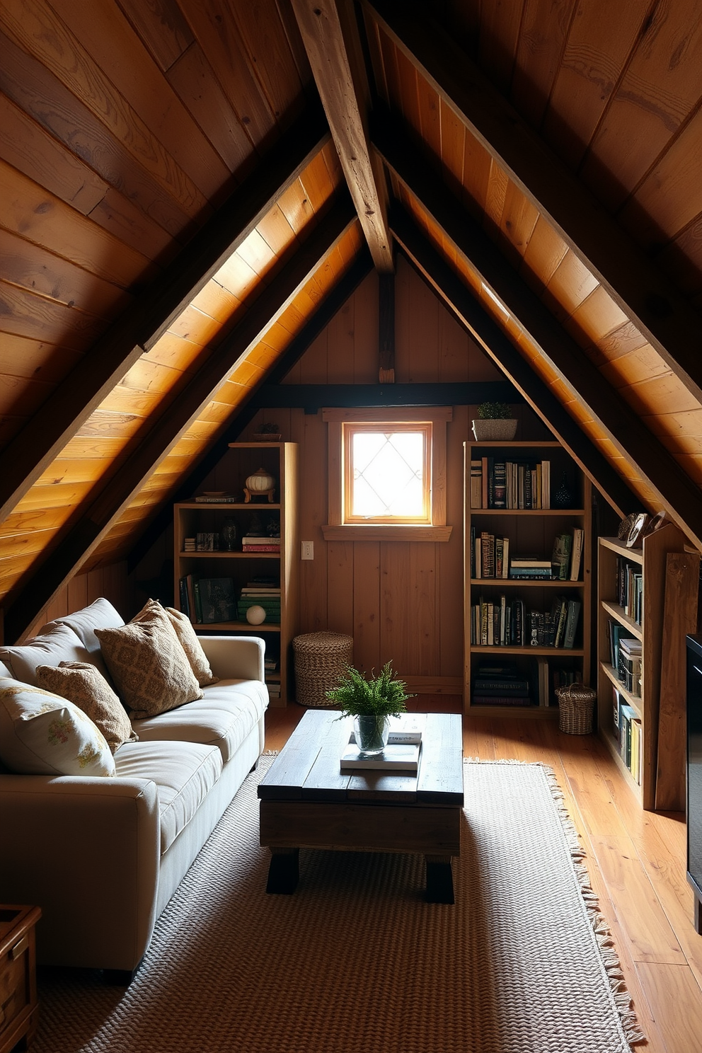 A cozy attic space with sloped wooden ceilings and exposed beams. The room features a comfortable seating area with a plush sofa adorned with soft throw pillows and a rustic wooden coffee table. Warm wooden accents are incorporated throughout, including a reclaimed wood bookshelf filled with books and decorative items. Natural light pours in through a small window, illuminating a woven rug that adds texture to the floor.