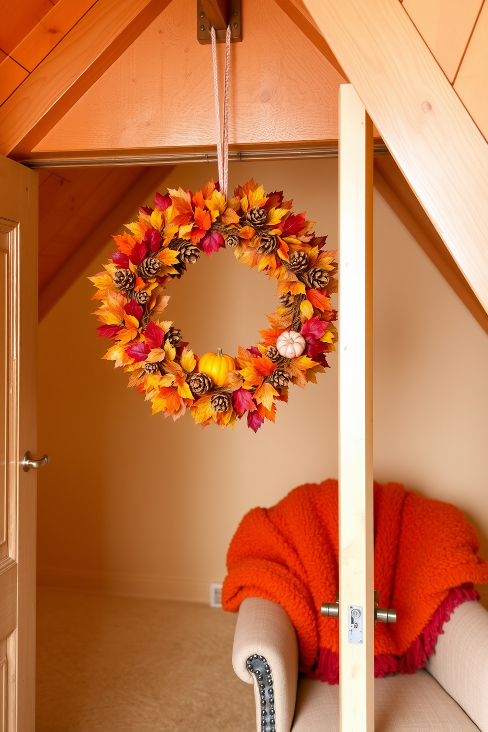 A cozy attic space adorned with warm autumn hues. A beautifully crafted autumn wreath hangs on the door, made of vibrant leaves, pinecones, and small pumpkins. Inside, the walls are painted in soft beige, complementing the wooden beams overhead. Plush throw blankets in rich oranges and deep reds are draped over a vintage armchair, inviting relaxation.