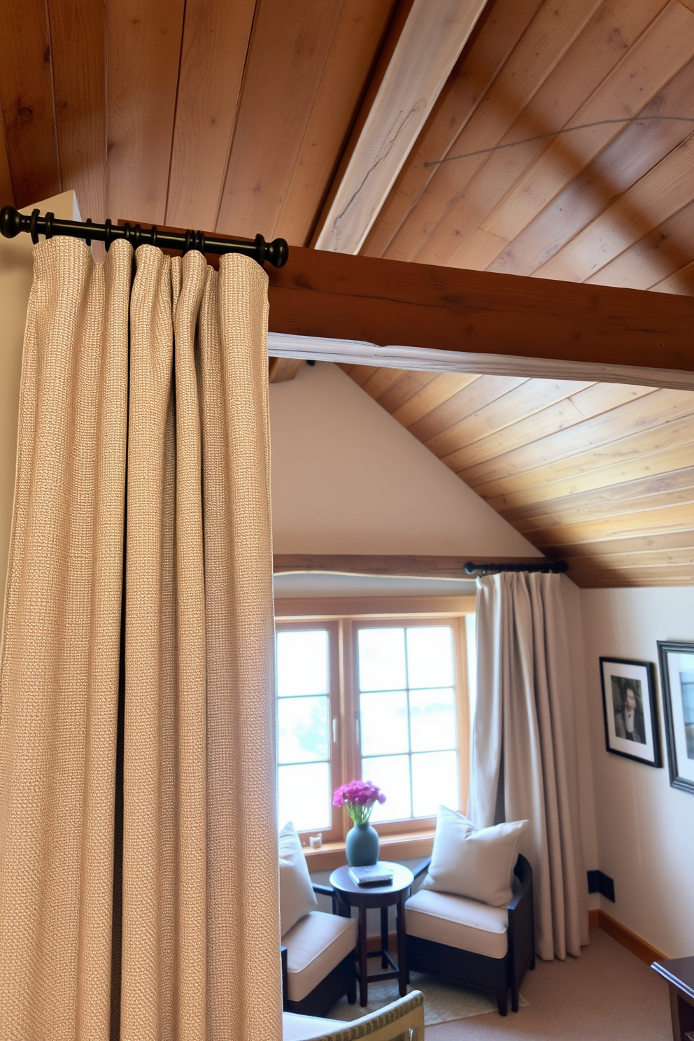 Textured curtains in a warm beige tone drape elegantly from a polished wooden rod, adding depth and softness to the room. The fabric features a subtle pattern that complements the surrounding decor, enhancing the cozy atmosphere. The attic is transformed into a charming retreat with rustic wooden beams exposed above, creating an inviting ambiance. Cozy seating is arranged near a window, adorned with plush cushions and a small side table for a perfect reading nook.