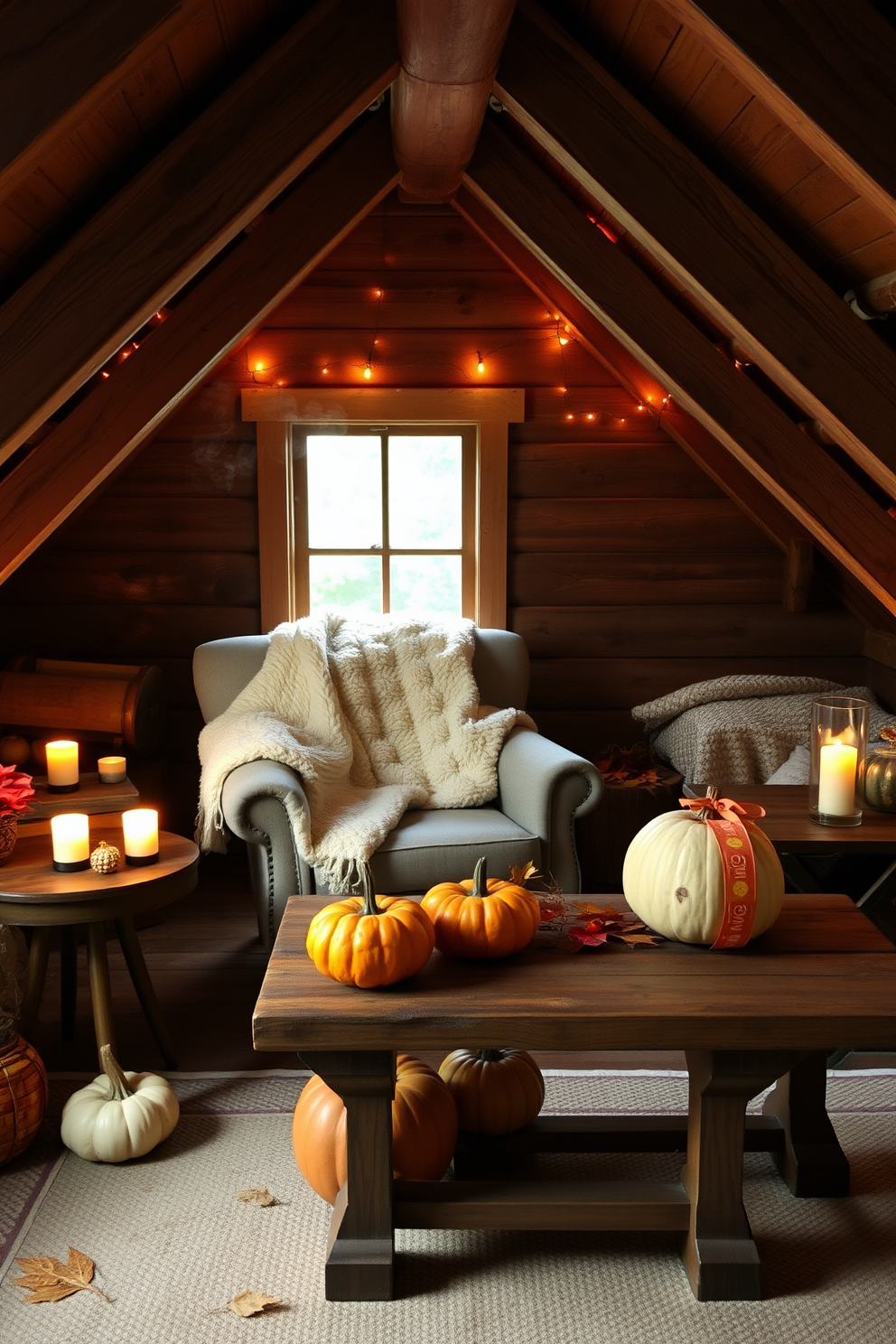 A cozy fall attic space adorned with warm seasonal scents. Essential oil diffusers are placed strategically throughout the room, filling the air with notes of cinnamon and pumpkin spice. Rustic wooden beams frame the attic, while soft, plush blankets are draped over a vintage armchair. Decorative pumpkins and autumn leaves are arranged on a reclaimed wood table, enhancing the seasonal ambiance.