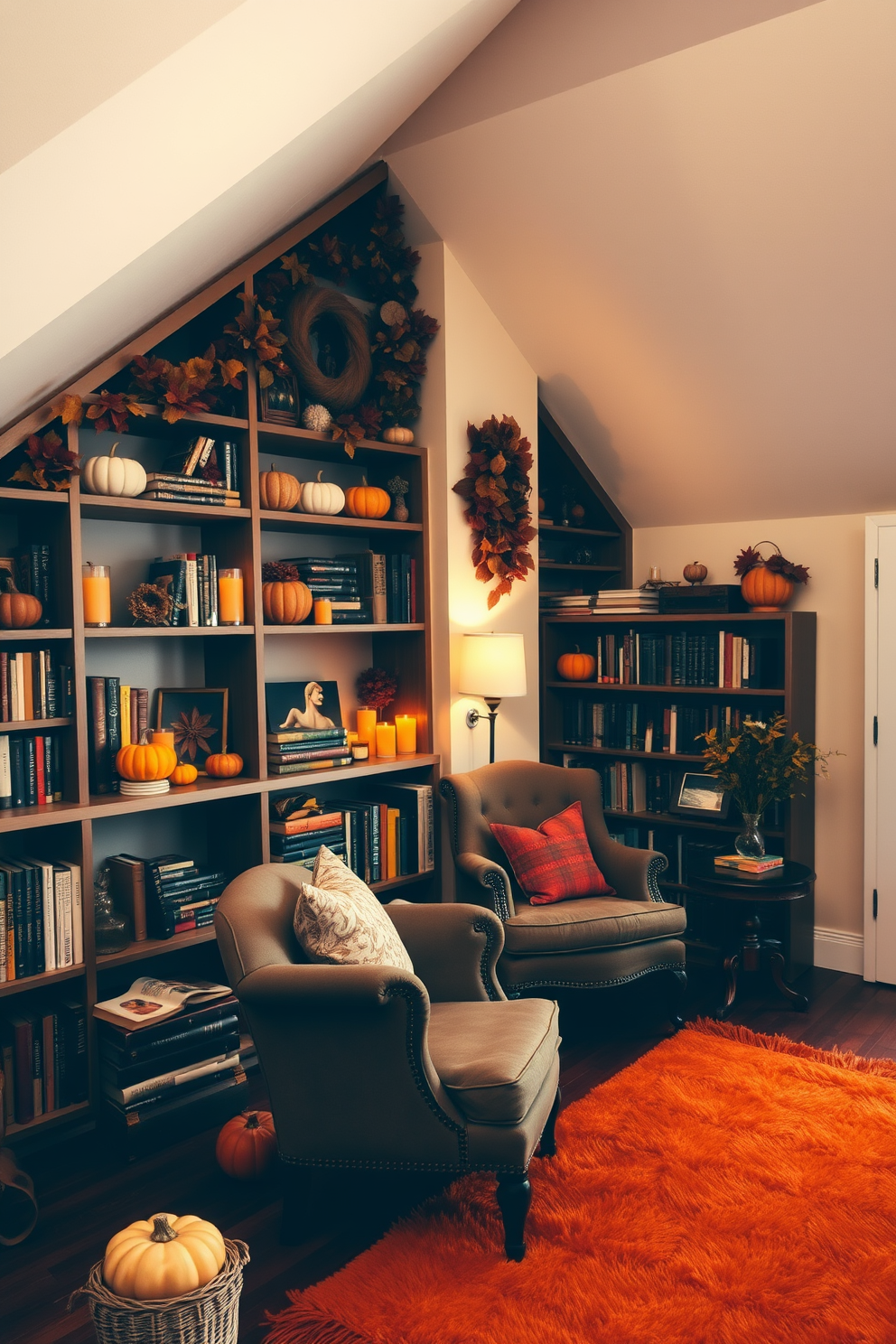 A cozy attic space filled with bookshelves adorned with autumn decorations. The shelves are lined with colorful pumpkins, dried leaves, and warm-toned candles, creating a welcoming atmosphere. The walls are painted in a soft beige, and a plush area rug in deep orange covers the wooden floor. A comfortable reading nook with a vintage armchair and a small side table completes the inviting fall theme.