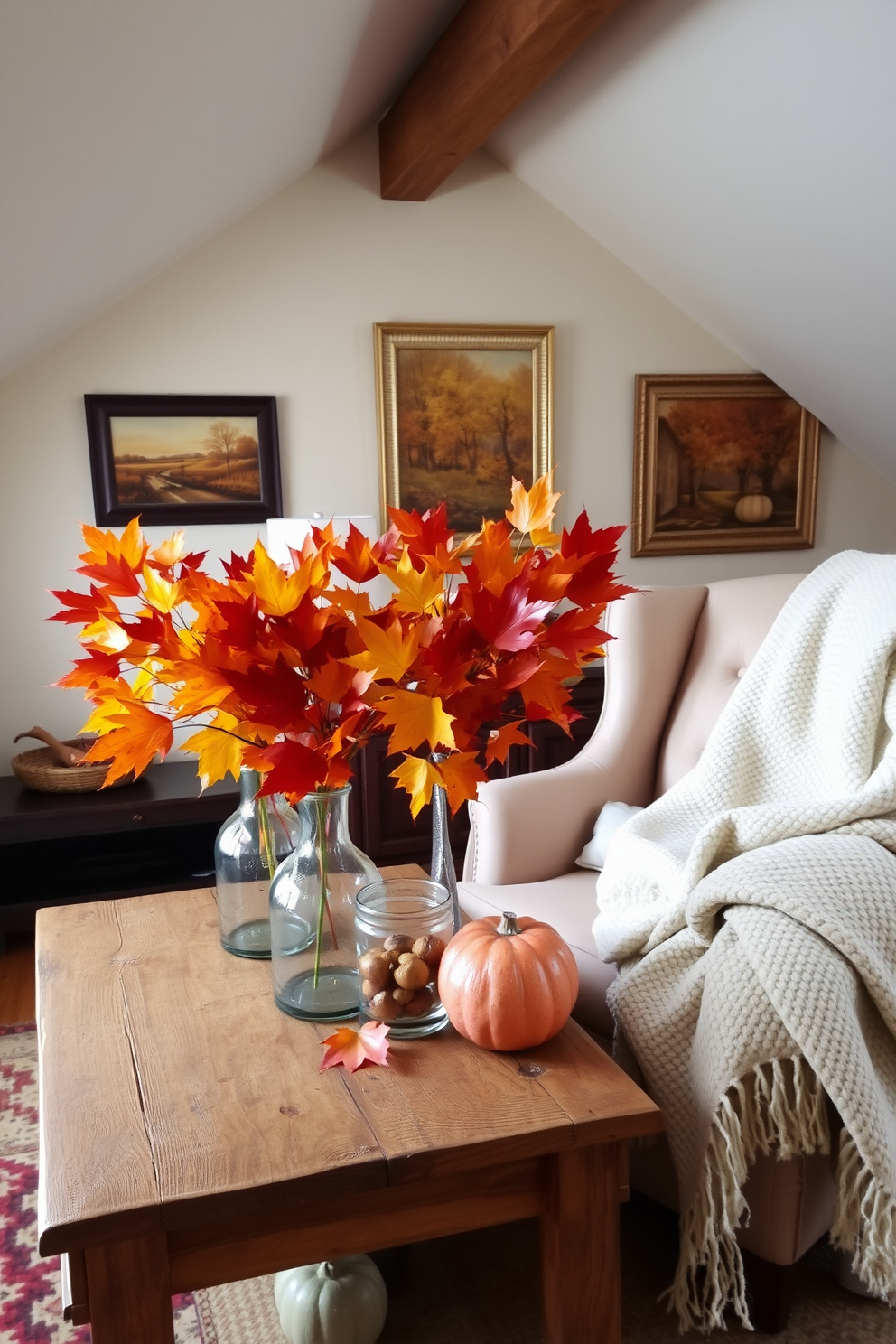 A cozy attic space decorated for fall. There are several glass vases filled with colorful autumn leaves placed on a rustic wooden table. The walls are adorned with warm-toned artwork featuring autumn scenes. Soft, textured blankets are draped over a comfortable armchair, inviting relaxation.