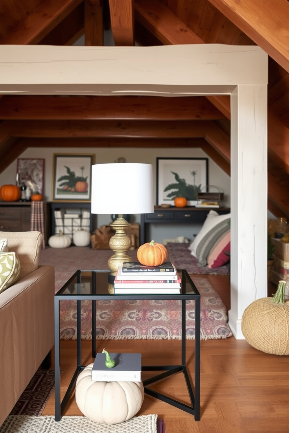 Chic side table with decorative accents. The side table is crafted from sleek black metal with a glass top, adorned with a stylish lamp and a stack of art books. Fall attic decorating ideas. The attic features warm wooden beams and is decorated with cozy throw blankets, pumpkins, and autumn-themed artwork.