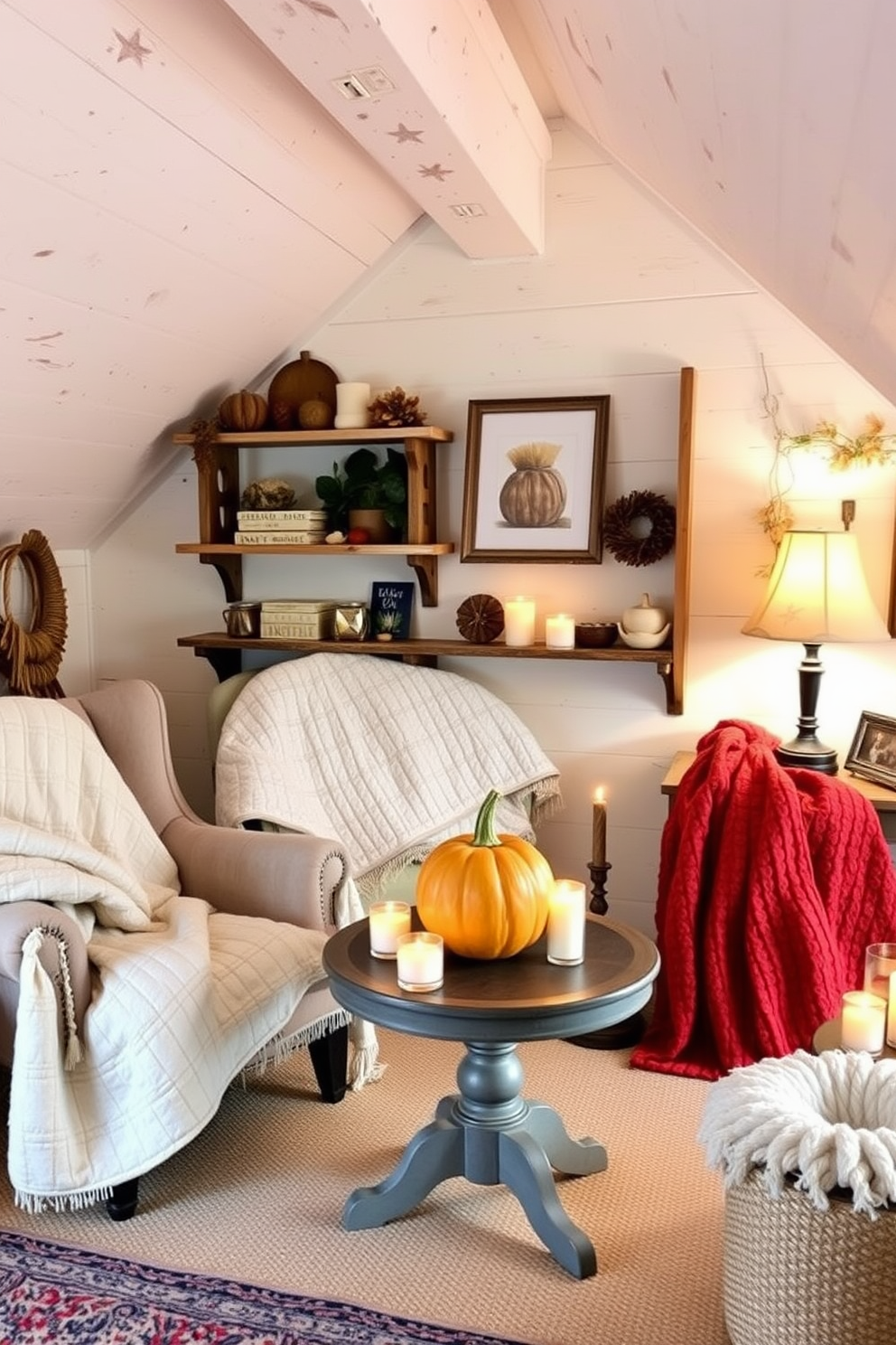 A cozy attic space decorated for fall. Soft quilted throws are draped over a vintage armchair, adding warmth and inviting comfort to the room. The walls are adorned with rustic wooden shelves filled with seasonal decor. A small table is set with a pumpkin centerpiece, surrounded by candles that create a warm glow.